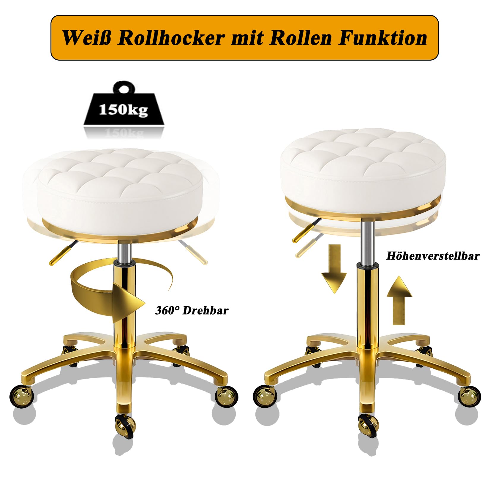 Sgabello Rotolante Girevole Dorato, Altezza Regolabile 43-55 cm, PU Pelle Sedia con Ruote, Telaio Placcato Oro, Girare Sedia per Cura dei Piedi, Tatuaggi (Bianco)