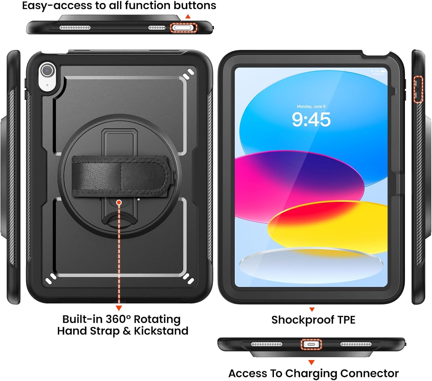 Case for iPad (A16) 11th Generation 11 inch 2025, and for iPad 10th Generation 10.9 inch 2022, Full-Body Protect Case with Screen Protector, Pen Holder &360° Rotate Hand Strap/Stand, Black