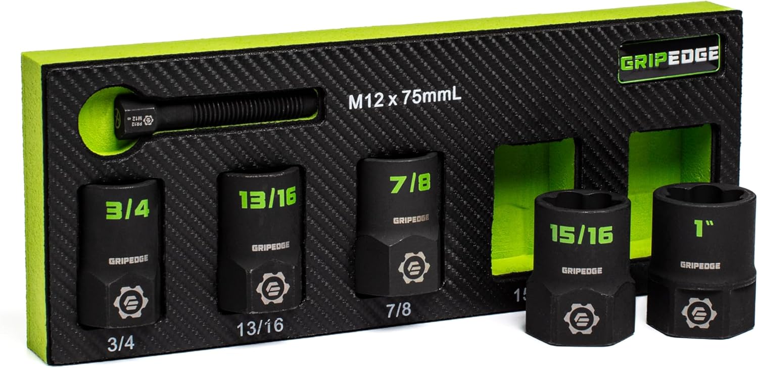 GRIPEDGE Tools | 5-PC – 1/2'' Drive SAE RPT Socket Extractor Set | Sizes 3/4'' – 1'' | Removes Broken Studs, Stripped Bolts and Lug Nuts | Includes Premium EVA Foam Storage|