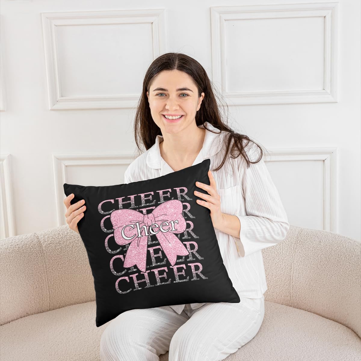 Feelyou Cheer Bow Throw Pillow Covers 1 Pcs Cheerleader Square Cushion Covers Funny Sport Pillow Case Light Pink Cushion Case for Couch Sofa Bedroom Decor 24 x 24-Inch