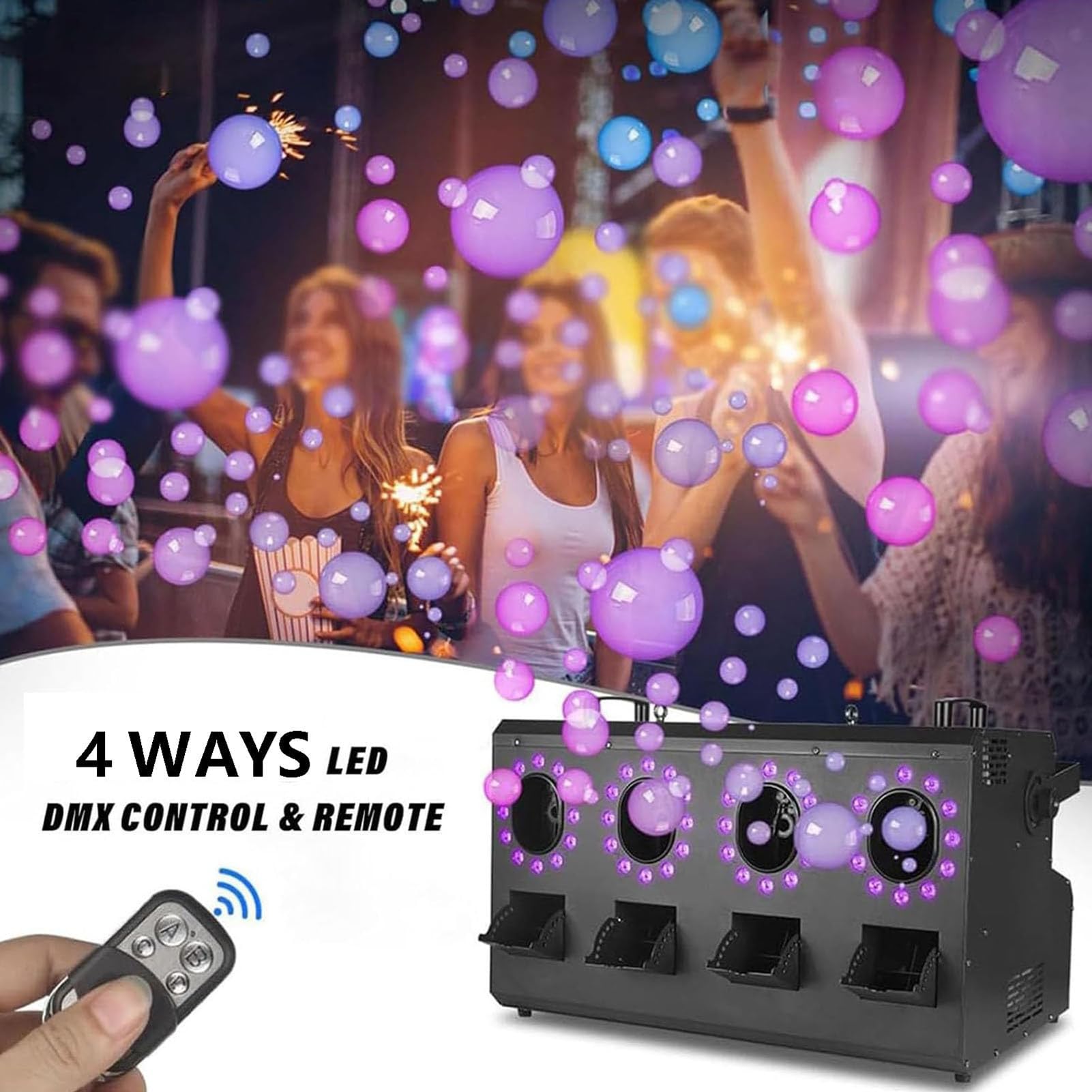 MáQuina de Burbujas de Humo con Led de 3000 W, 4 Boquillas MáQuina de Burbujas De Humo Profesional con Luces, Panel de Control LCD, Capacidad del Tanque: 1.2 L