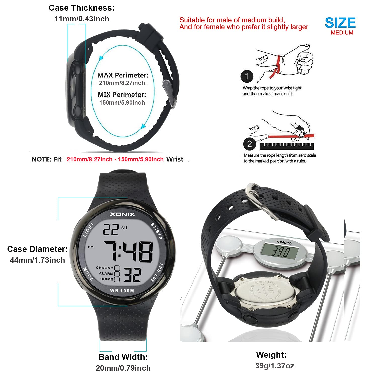Herren digitale LED Uhr mit geringem Verbrauch Multifunktions wasserdicht 100 m Wassersport Tauchen Schwimmen Silikonarmband Durchmesser 44 mm…