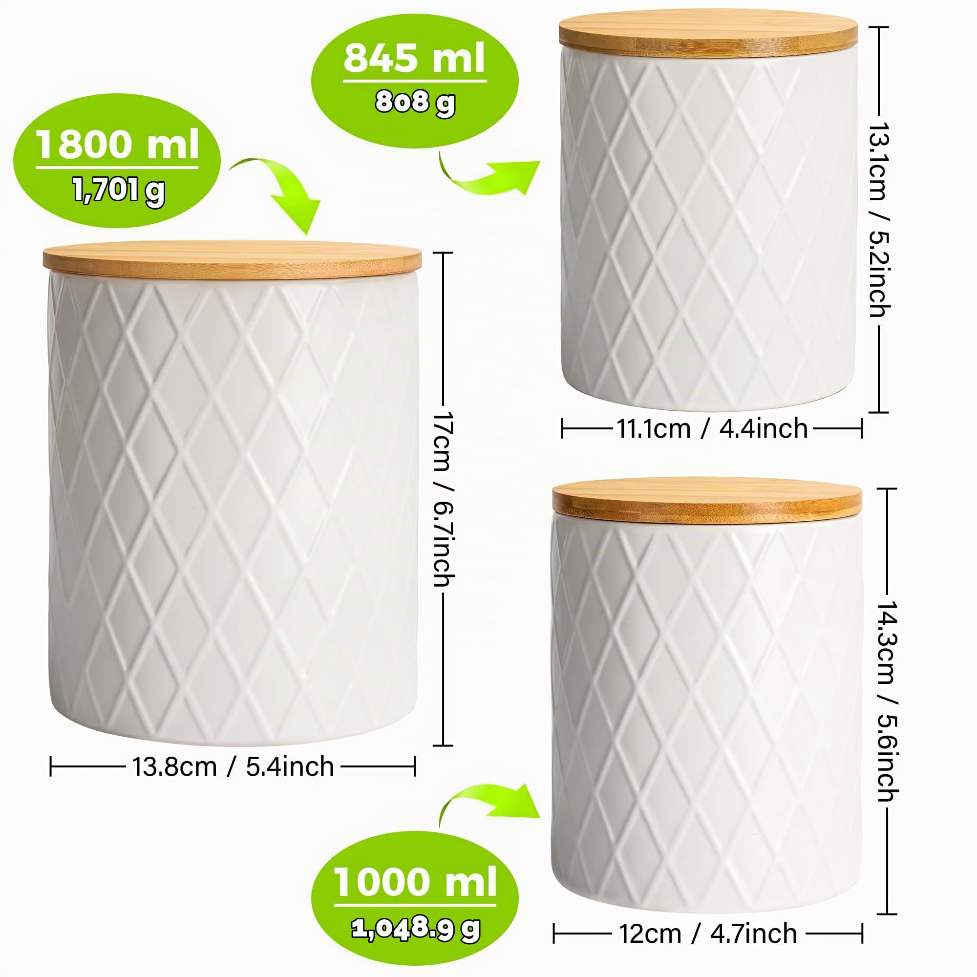 MIAMIO - Set 3 boîtes de conservation céramique - Palmanova (Blanc) | Boîtes en céramique avec couvercles en bois hermétiques pour café, thé, sucre, farine et sel