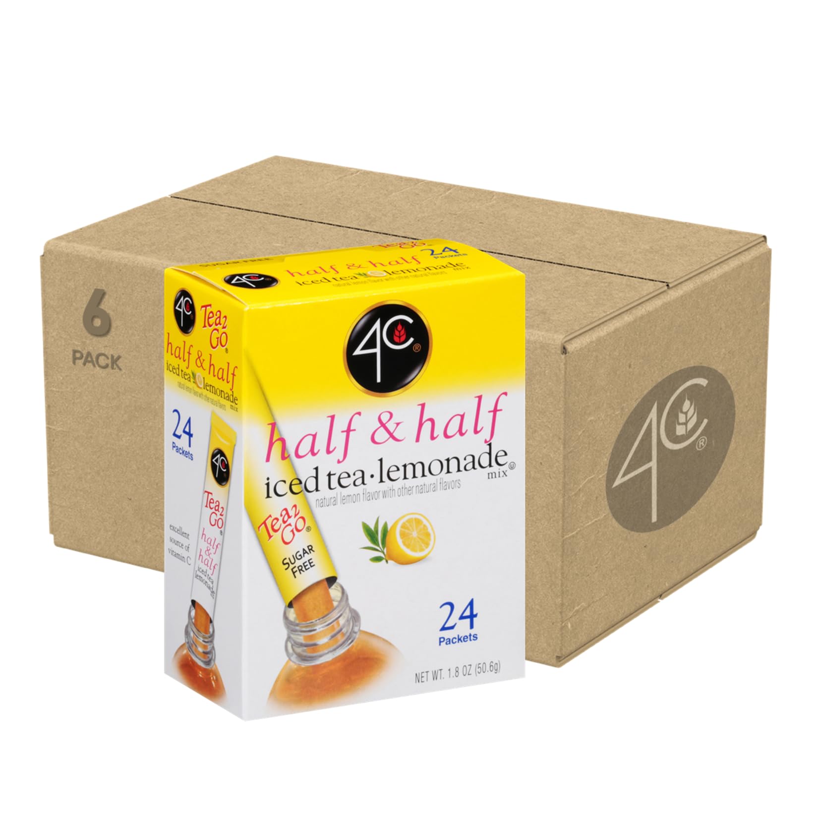 4C Powder Drink Mix Packets, Half & Half 6 Pack, 24 Count, Singles Stix On the Go, Refreshing Sugar Free Water Flavorings