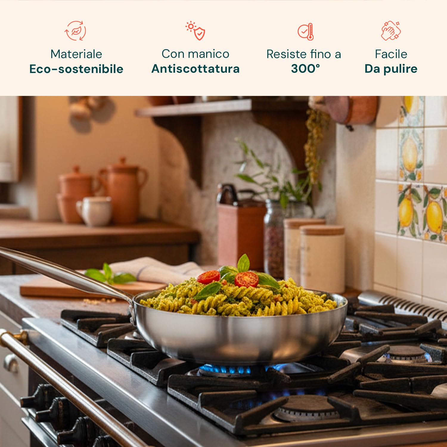Wintem Wok Saltapasta 32cm in Alluminio Riciclato e Manico Ergonomico in Acciaio Inox - Doppio Fondo Brevettato 16,6cm e Adatto a Tutti i Tipi di Piani Cottura - Resistente fino a 300°C