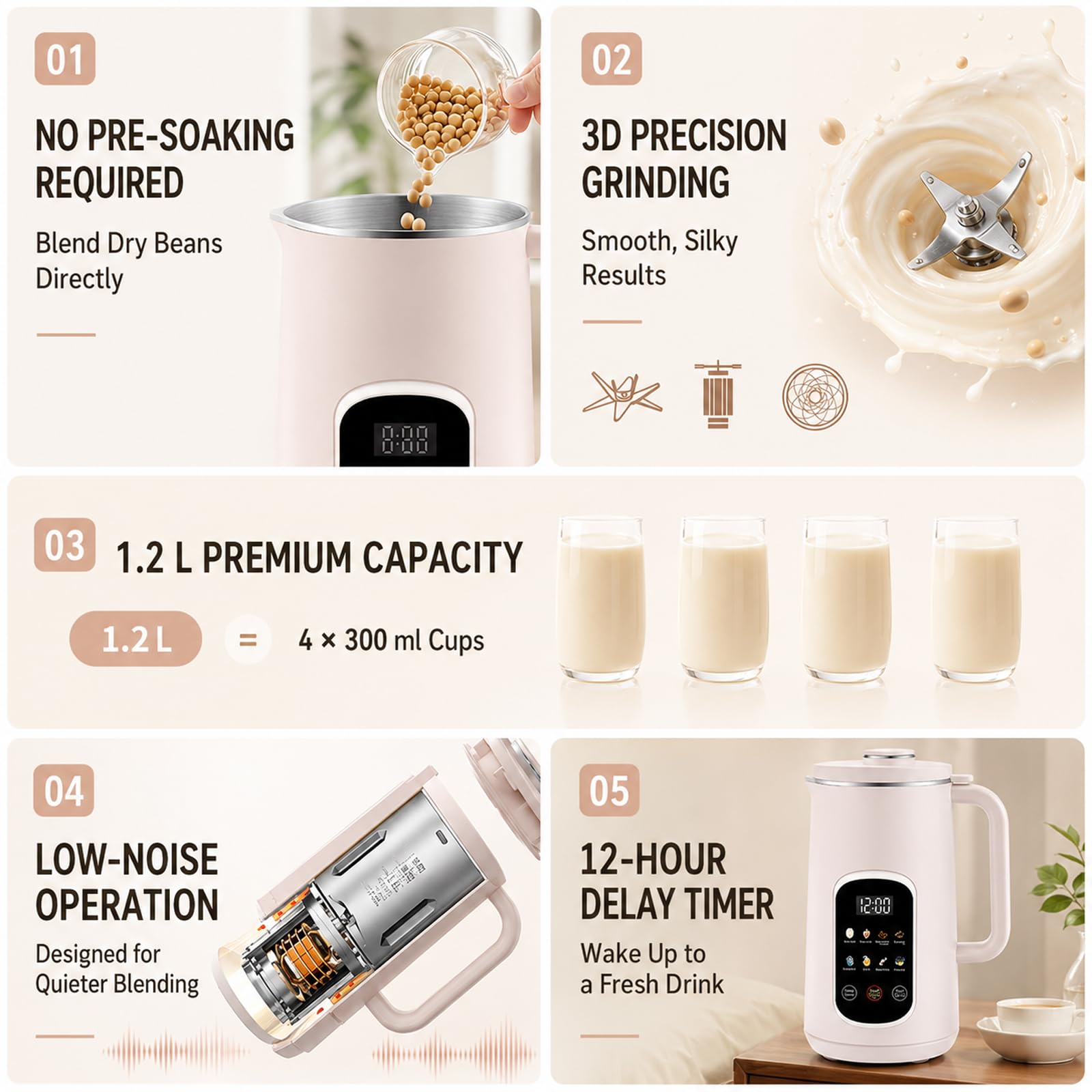Macchina Automatica per Latte di Soia 1,2 L, 8-in-1 con Timer 12 Ore | 12 Lame, Frullatura dei Legumi Secchi Senza Ammollo, Autopulizia ad Alta Temperatura per Mandorla, Avena, Cocco e Soia