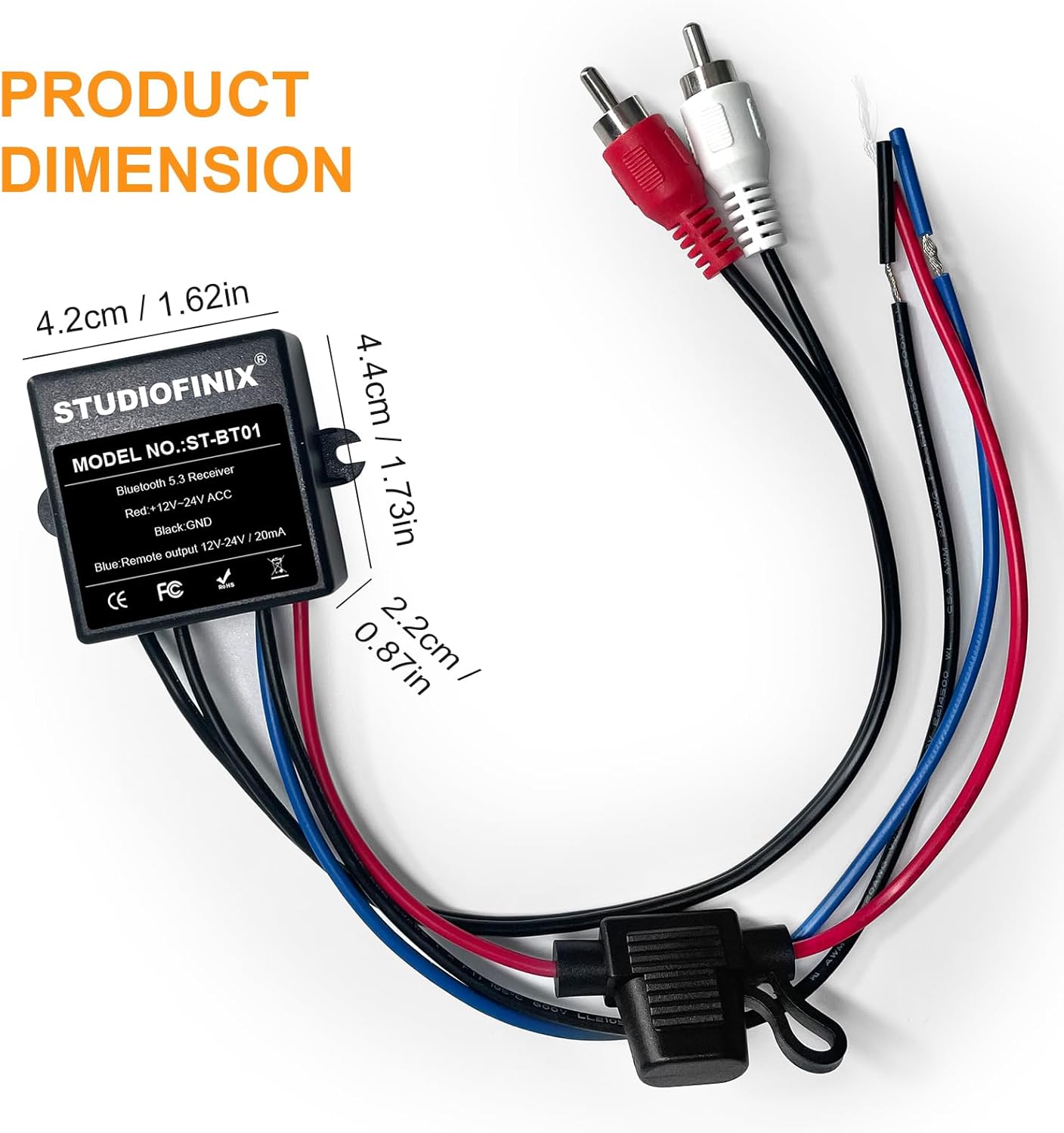 A smartphone displaying a music app connected wirelessly to the STUDIOFINIX Bluetooth receiver in a vehicle interior.