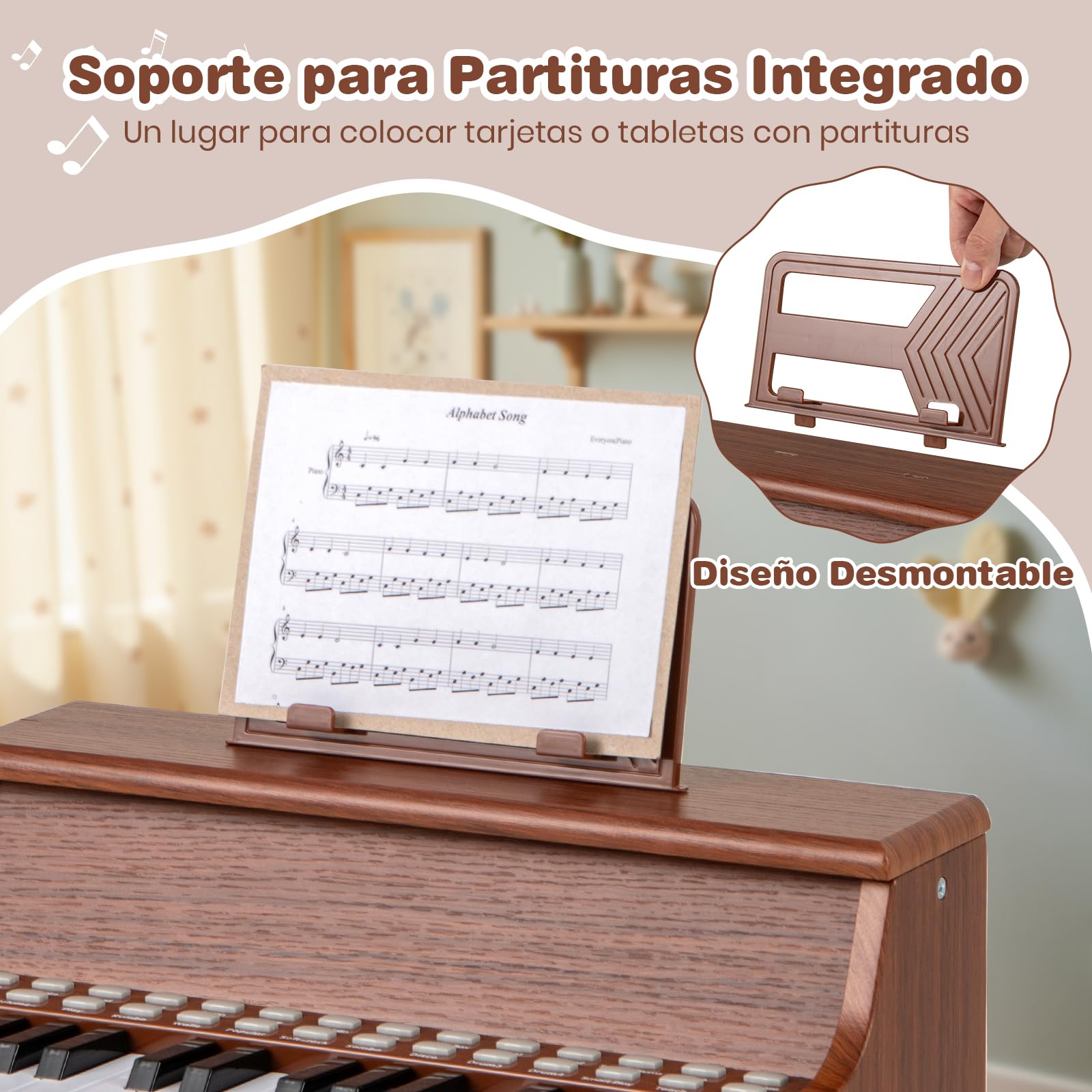 GOPLUS Teclado de Piano con 25 Teclas Iluminadas, Instrumento Musical para Niños con Atril Extraíble, Piano Eléctrico de Madera con Velocidad y Volumen Ajustables, 3+ Años (Marrón)