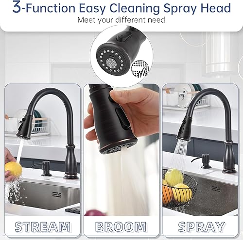 Miniatura 3 de DAYONE DAY-279ORB - Grifos para fregadero de cocina de 3 agujeros con dispensador de jabón y mango separado, 2 agujeros extraíbles de bronce