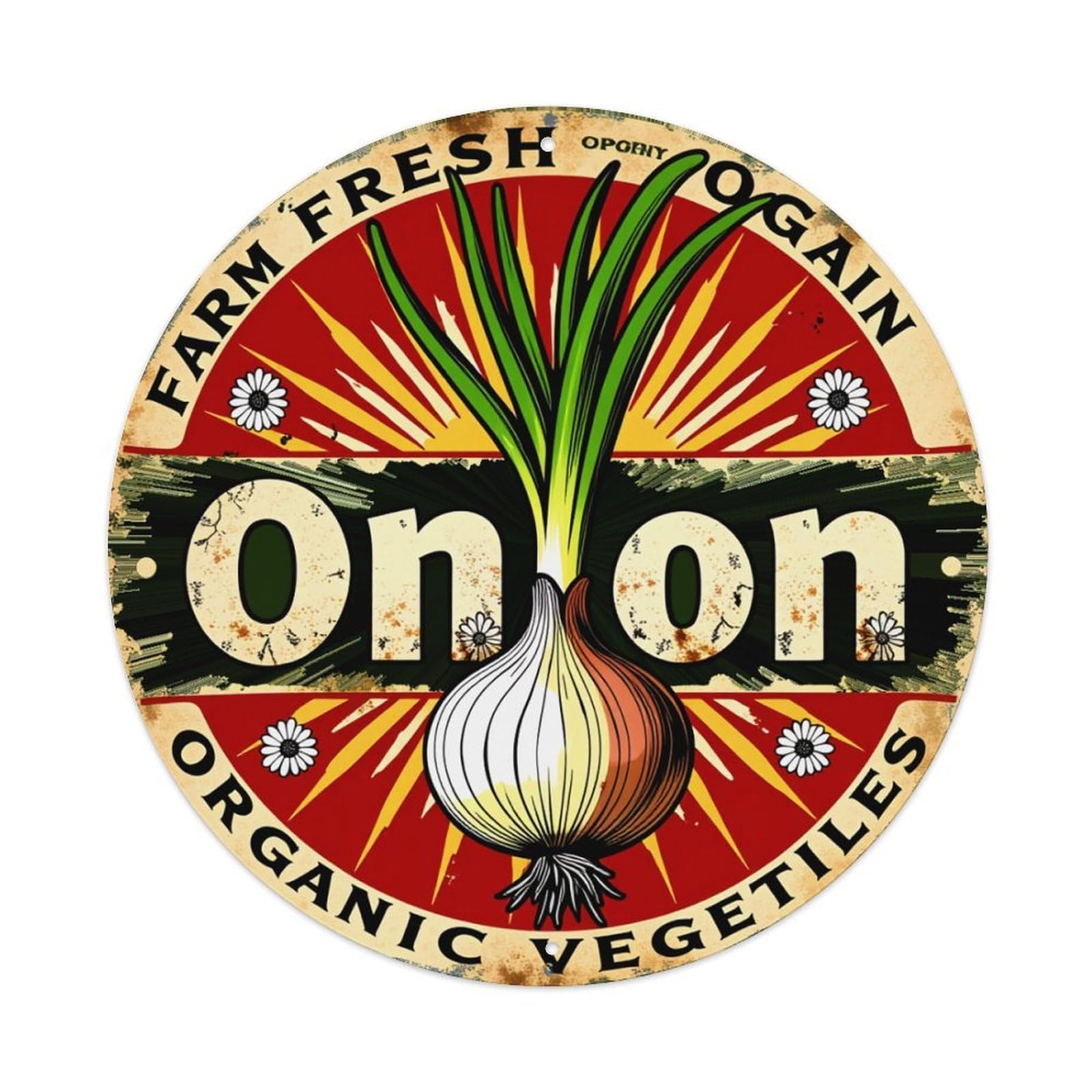 Farm Fresh Organic Vegetables Onions Round Tin Sign Vintage Metal Poster, Home Bar Garage Man Cave Cafe Indoor & Outdoor Wall Decoration 8x8Inches