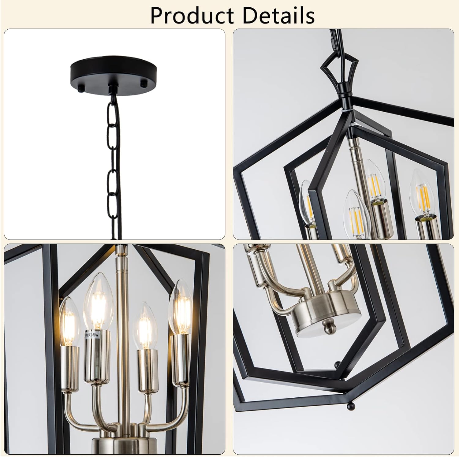 4-Light Dining Room Light Fixture Over Table Black Farmhouse Chandelier Metal Modern Pendant Light for Kitchen Island Dining Room Living Room Foyer Entryway-Brushed Nickel