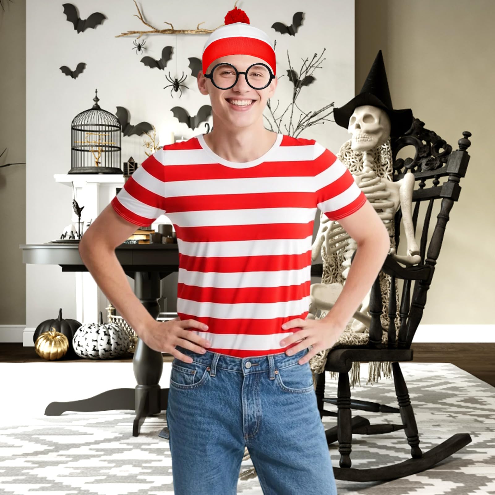 Meriviva Adult World Book Day Costumes, Red and White Striped Top Set including Hat Glasses Magnifying Glass - Image 4