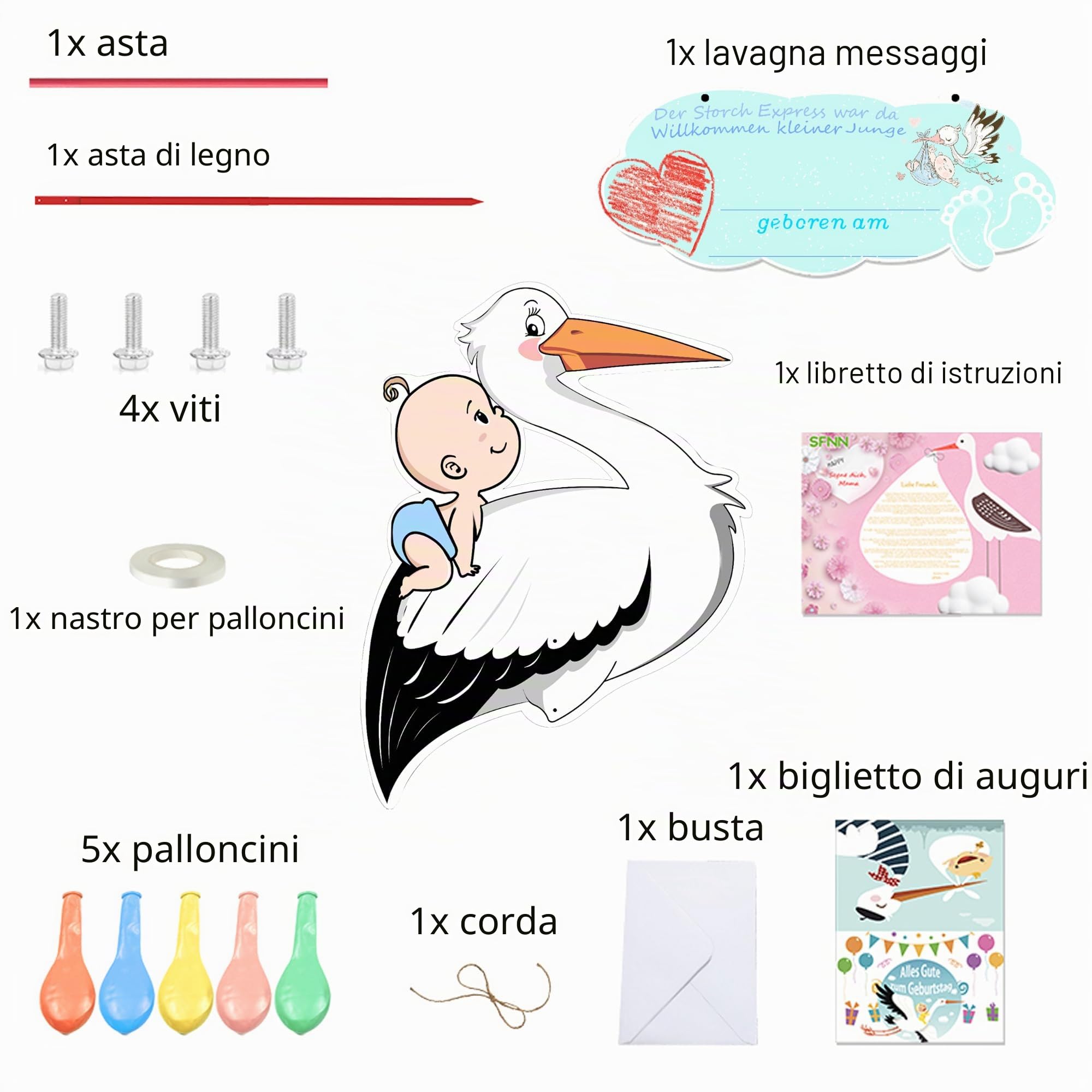158 cm, grandi annunci di nascita con cicogna sonagliante per esterni, simpatico set di nascita con cicogna sonagliata, decorazione di benvenuto per la casa, stampa su entrambi i lati (blu)