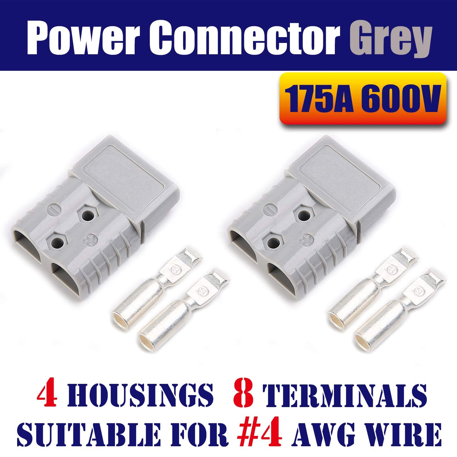Mr.Brighton LED 175Amp Anderson Compatible 2 Pole Power Connector Plug Grey w/Terminals for #4 AWG Wire[4 housing+8 Terminal pins]