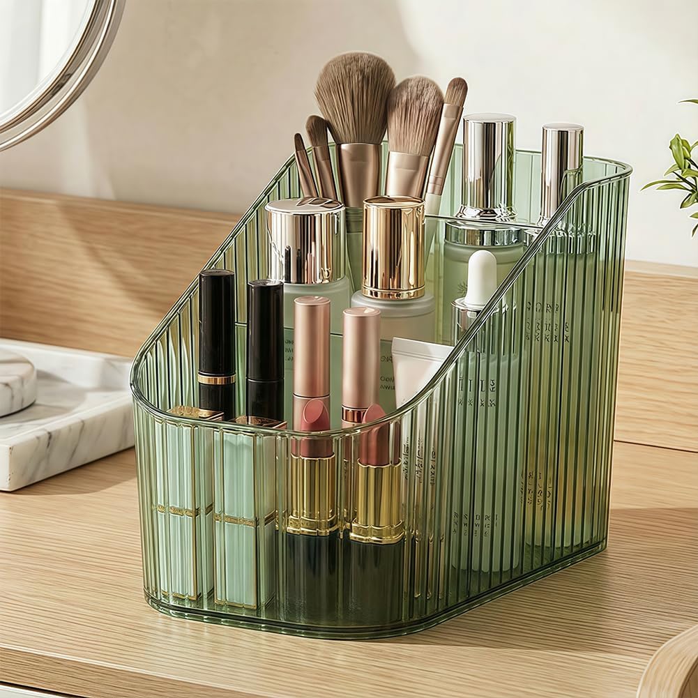 Makeup Tray Holder, Bathroom Countertop Organizer Cosmetic Display Case 3 Dividers for Skincare, Perfume, Makeup Brush - Green
