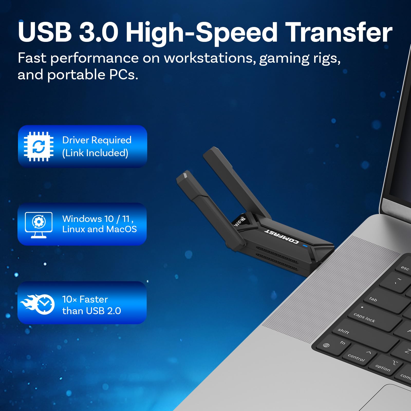 Adattatore Wifi 7 USB BE6500 di MMOBIEL – Tri-Banda (6/5/2.4GHz) 6452 Mbps Chiavetta WiFi con USB 3.0 & Antenna Esterna, WPA3, 4K-QAM, Plug & Play - Per Windows 11/10/Mac/Linux PC Desktop & Laptop