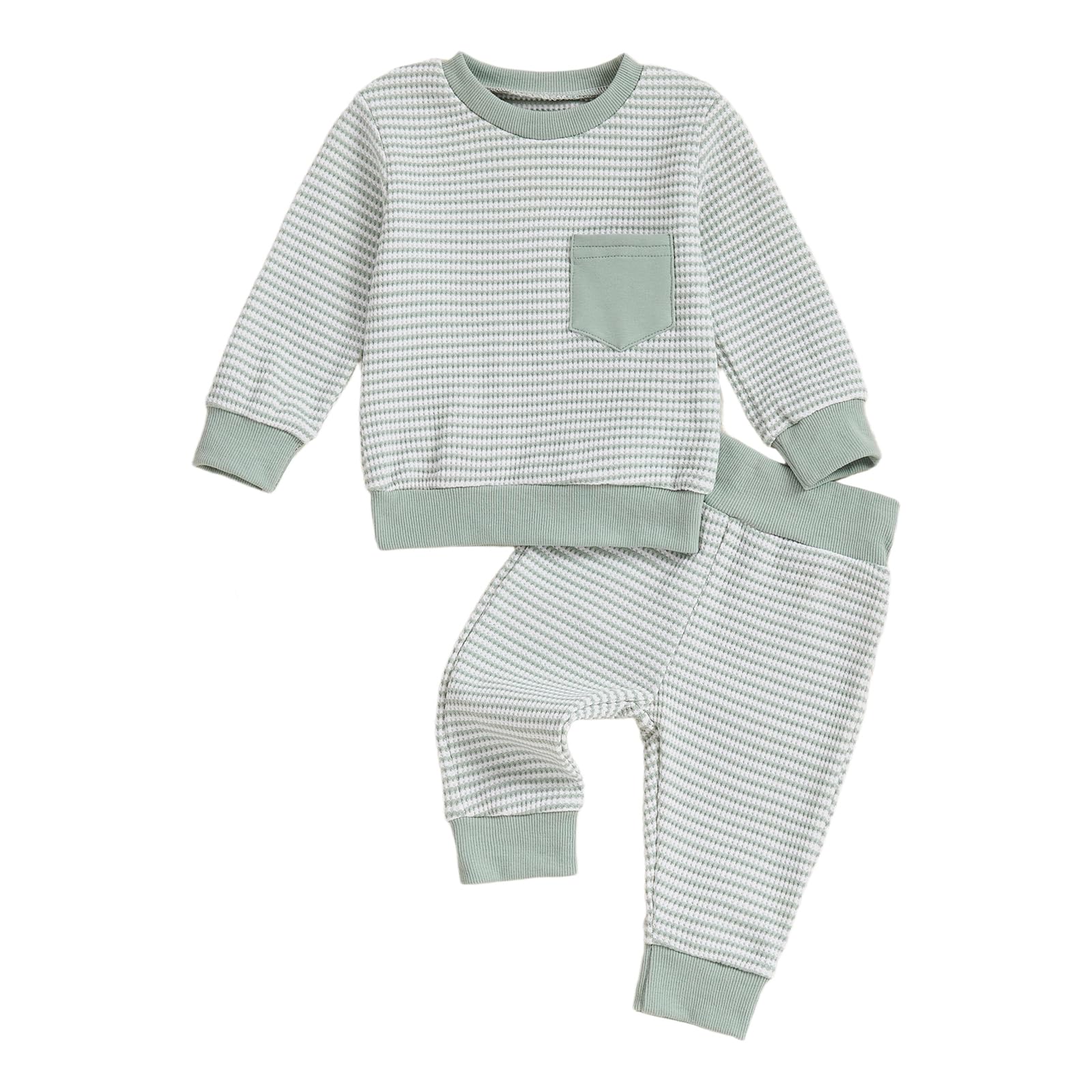 Baby Boy Fall Clothes Set Long Sleeve Crewneck Sweatshirts Pants Infant Newborn Waffle Stripe Outfits 6 12 18