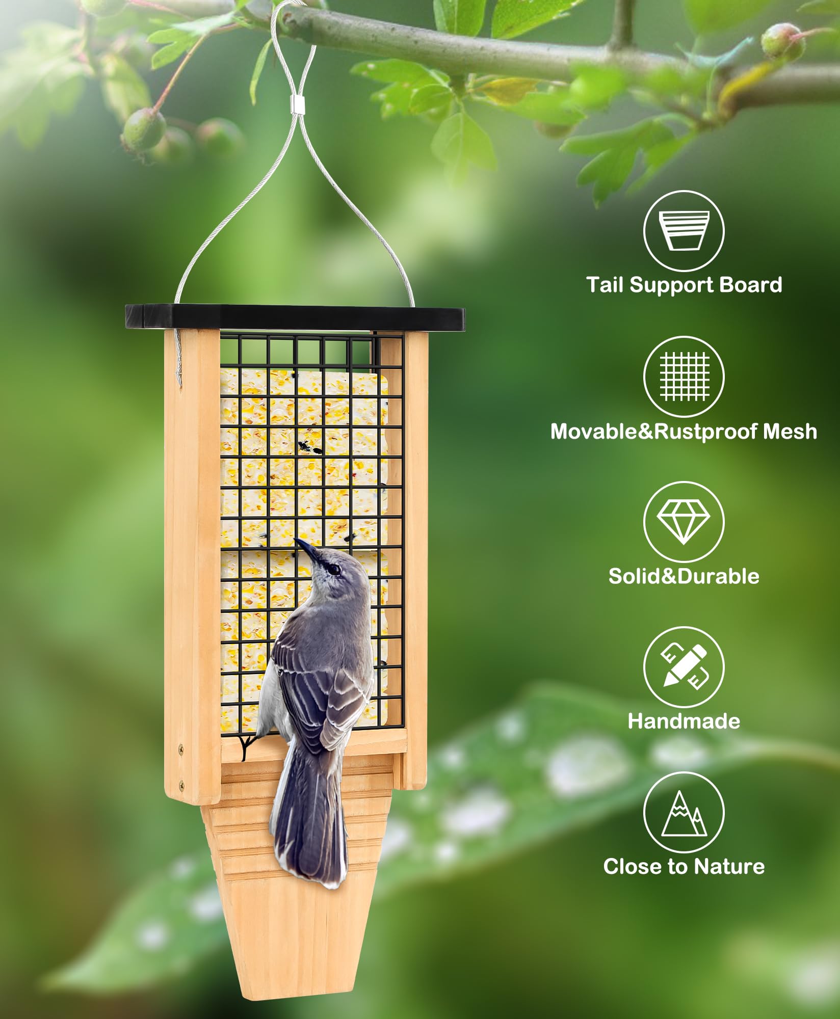 Gbekery Comedero de madera para pájaros para colgar en el exterior, comedero de sebo para pájaros carpinteros con accesorio de cola, comedero colgante para pájaros silvestres, 1 paquete, color negro