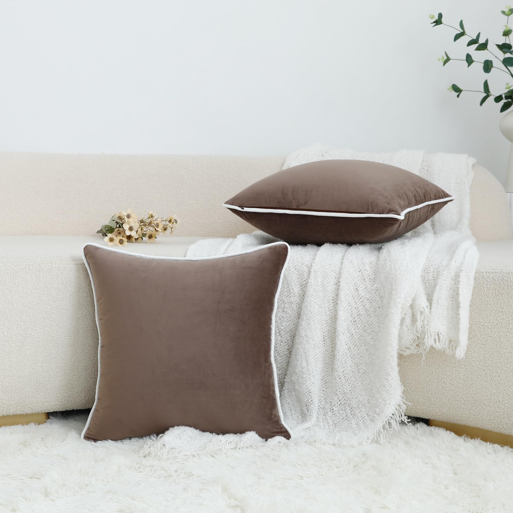 LIGICKY Set of 2 Tan Throw Pillow Covers Modern Minimalist Style Solid Decorative White Rope Edging Soft Square Cushion Cases for Sofa Bedroom Party Décor - Image 2