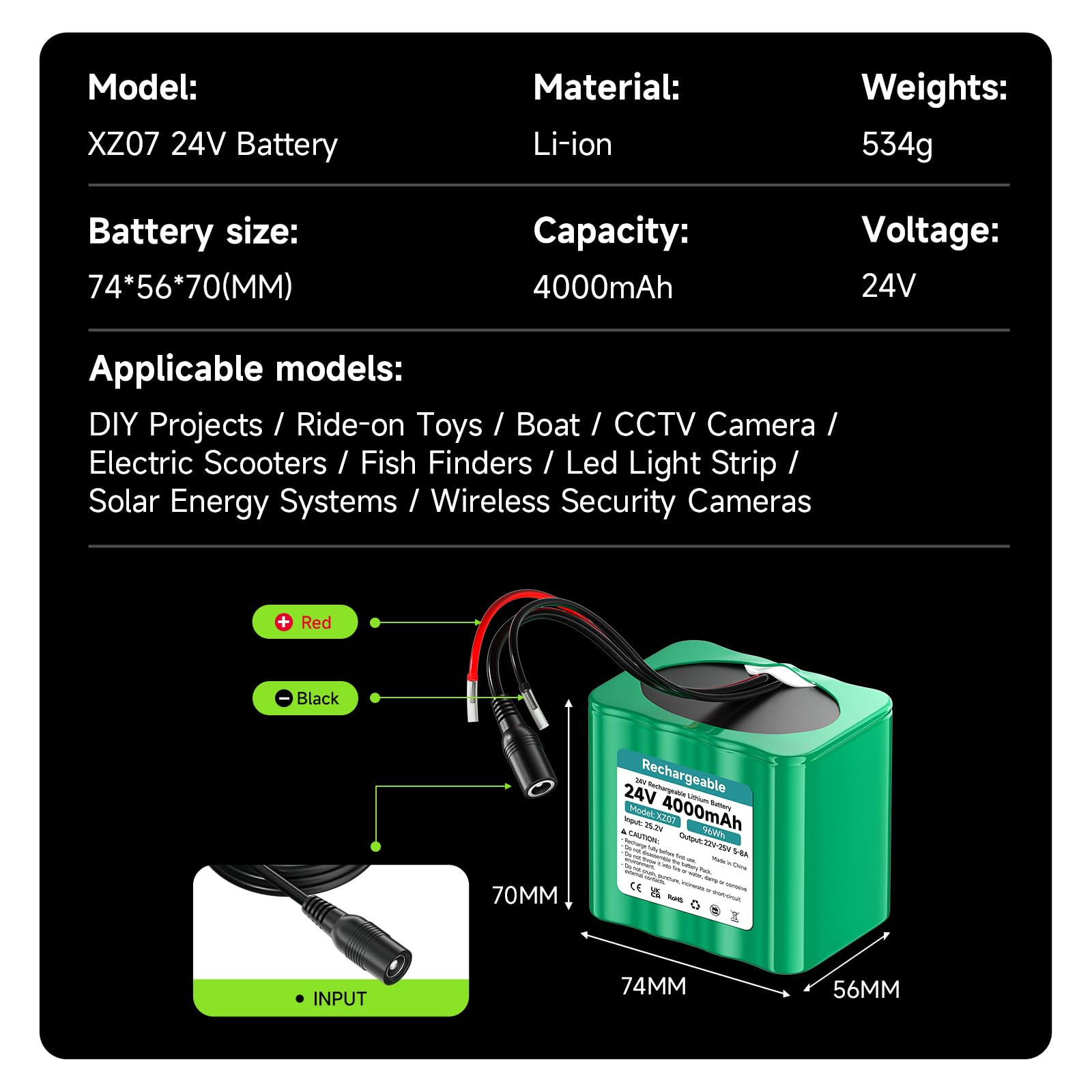 24V Akku 4000MAH Lithium wiederaufladbar Akku Mit Ladegerät & Steckeradapter & Verbindungslinie, für 24V -Geräte, DIY/Spielzugboot/Spielzeugauto Stromversorgung