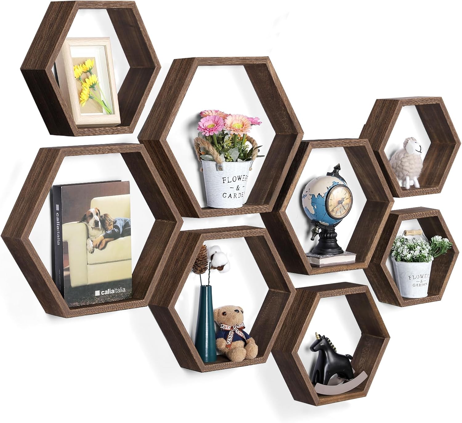 YBING Honeycomb Shelves, Set of 8 Wall Mounted Floating Shelves, Farmhouse Storage Home Decor Shelf, Hexagon Plants Wall Shelf for Living Room, Brown