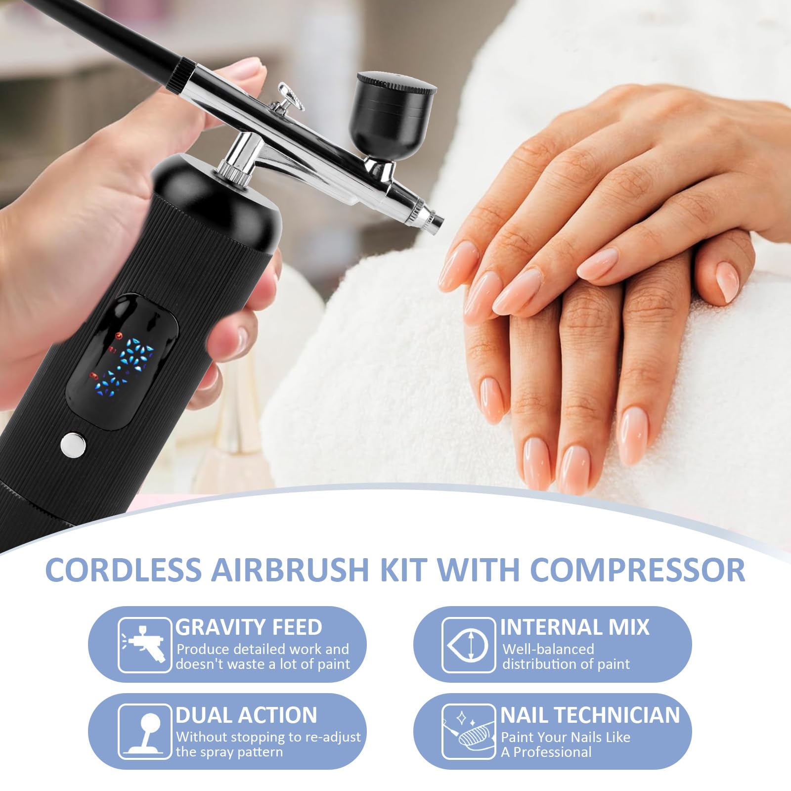 Kit aerografo con compressore, portatile, ricaricabile, senza fili, ad alta pressione, con ugello, display di potenza e spazzola per la pulizia, per pittura, nail art, trucco, decorazione torte