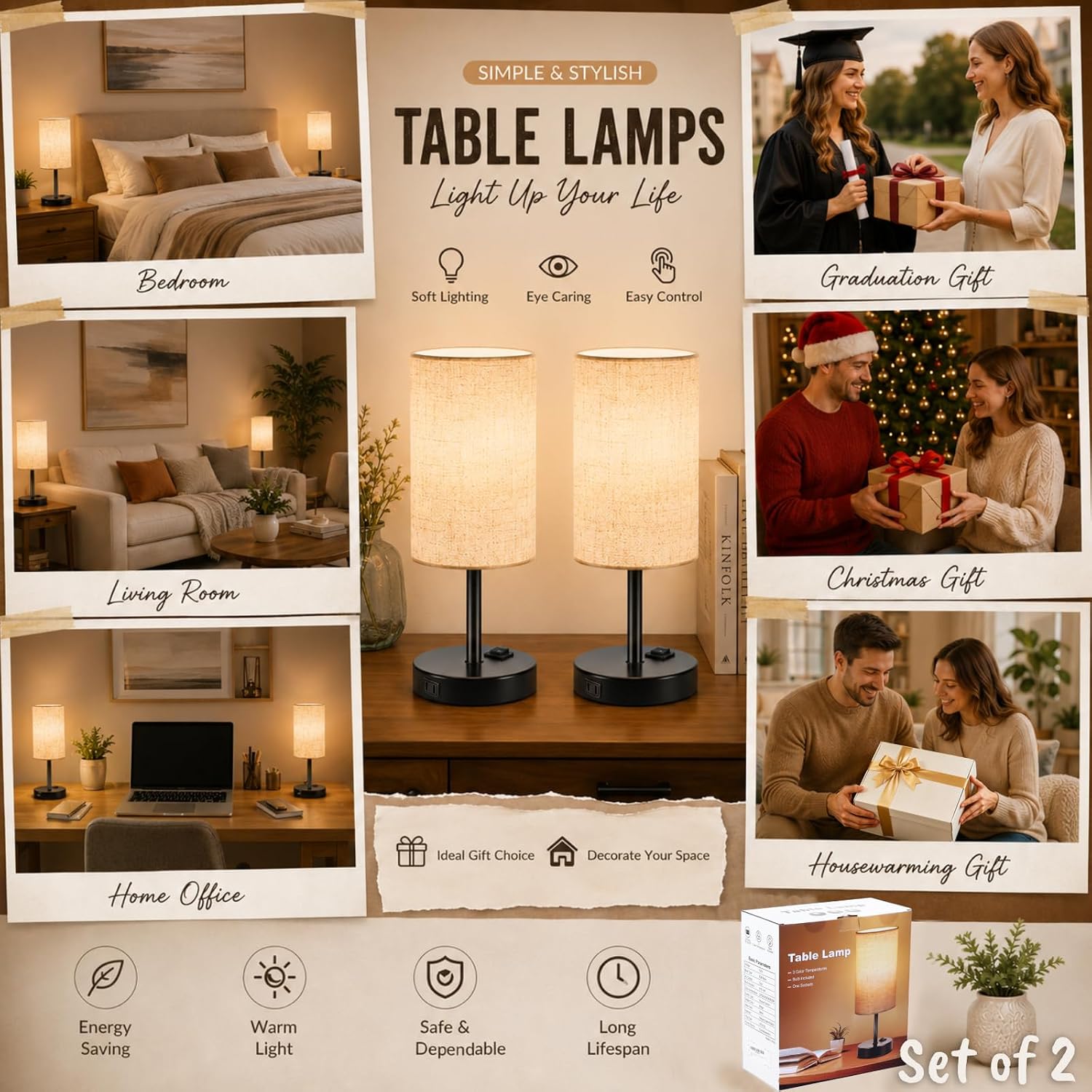 zjojo table lamp for bedroom set of 1 bedside small lamps with 3 way dimmable rocker switch and ac outlet, nightstand desk lamp with flaxen fabric shade black base for living room home decor lights flaxen fabric shade black base 14.5inch