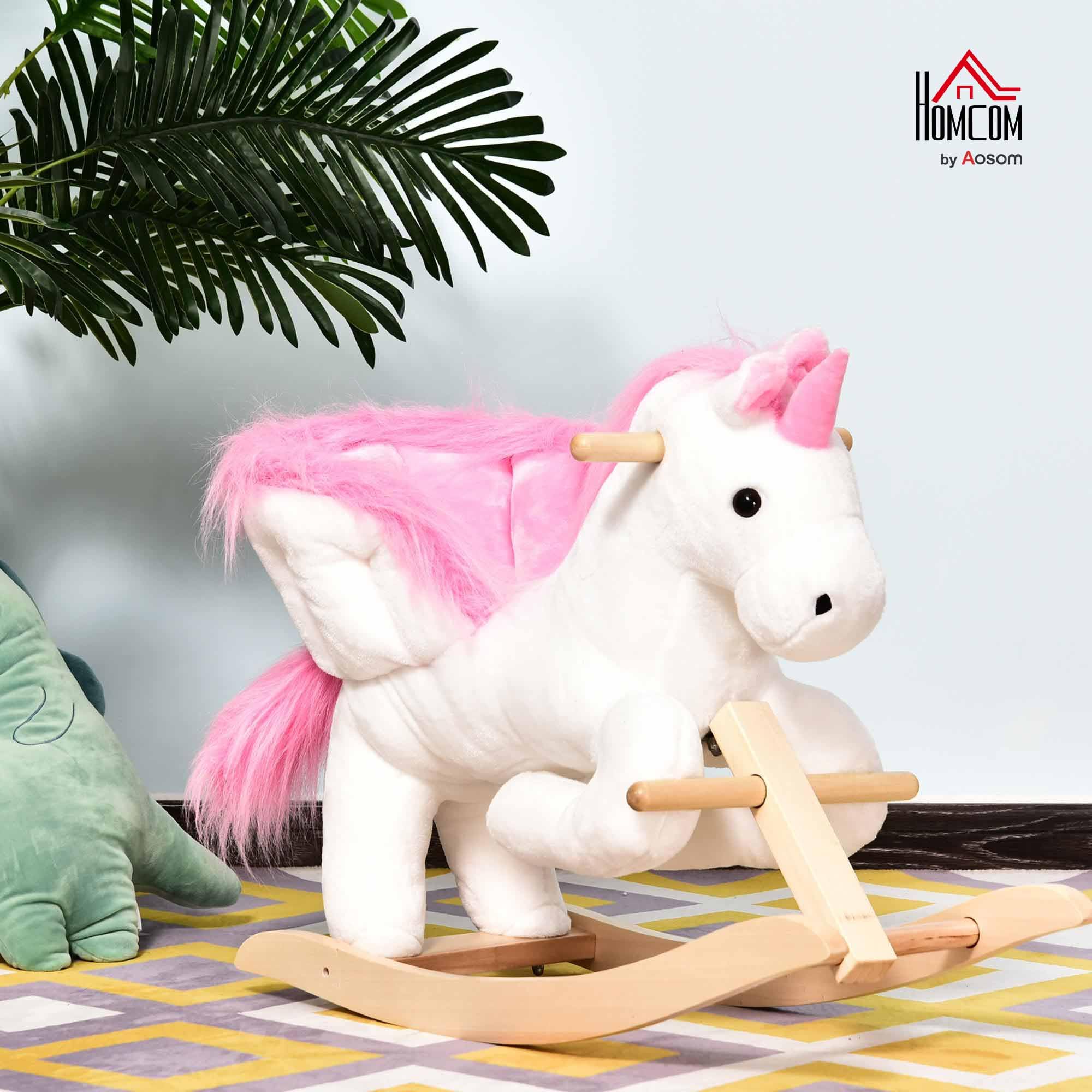 HOMCOM Cavallo a Dondolo a Forma di Unicorno con Musica, Struttura in Metallo e Legno, Rivestimento Peluche, 69x32x57cm, Bianco Rosa