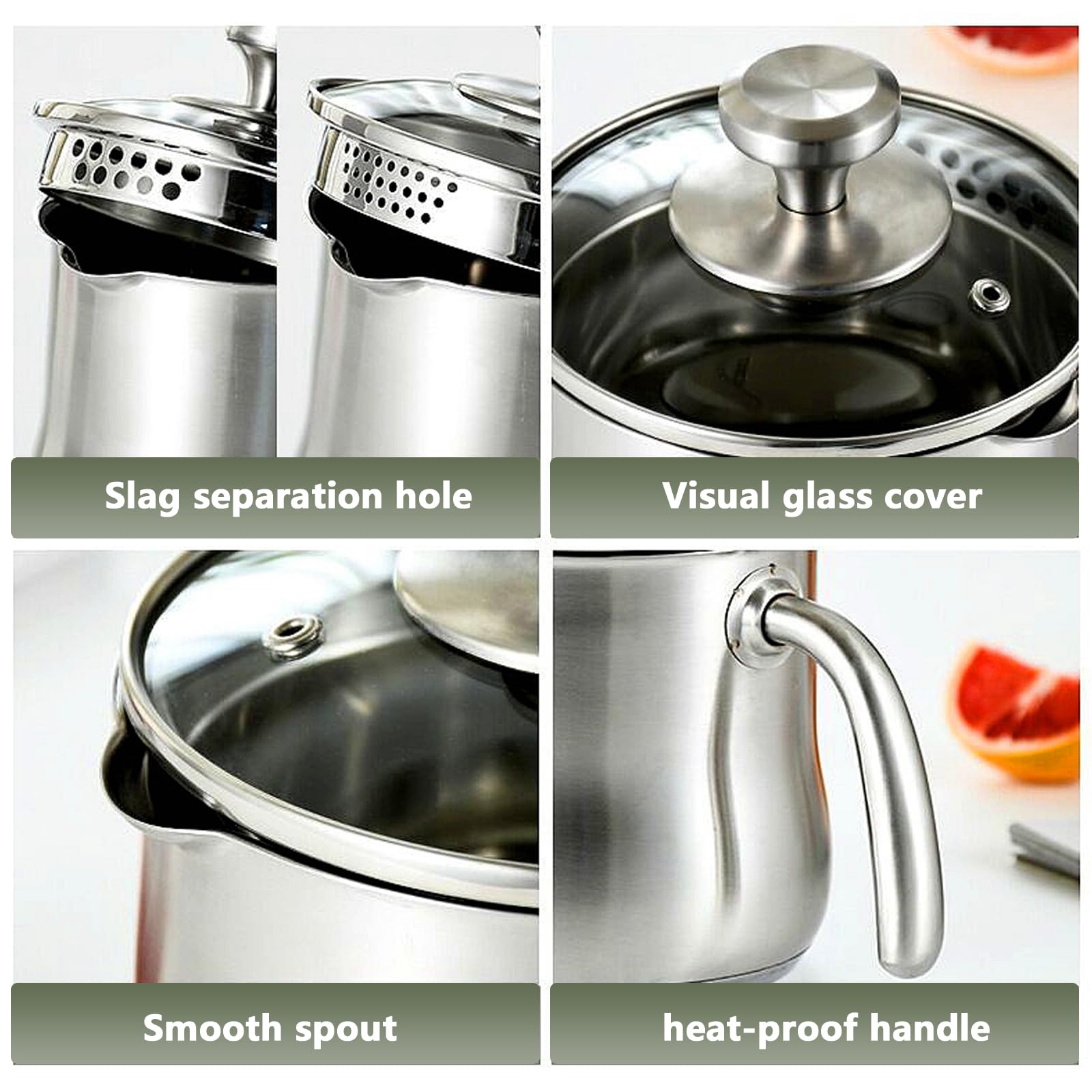 Pentola per latte da 2 l, in acciaio inox, con beccuccio e manico resistente al calore, 16 x 13 x 20 cm, pentola in acciaio inox con coperchio in vetro, a tre strati, in acciaio inox 304, per tutti i