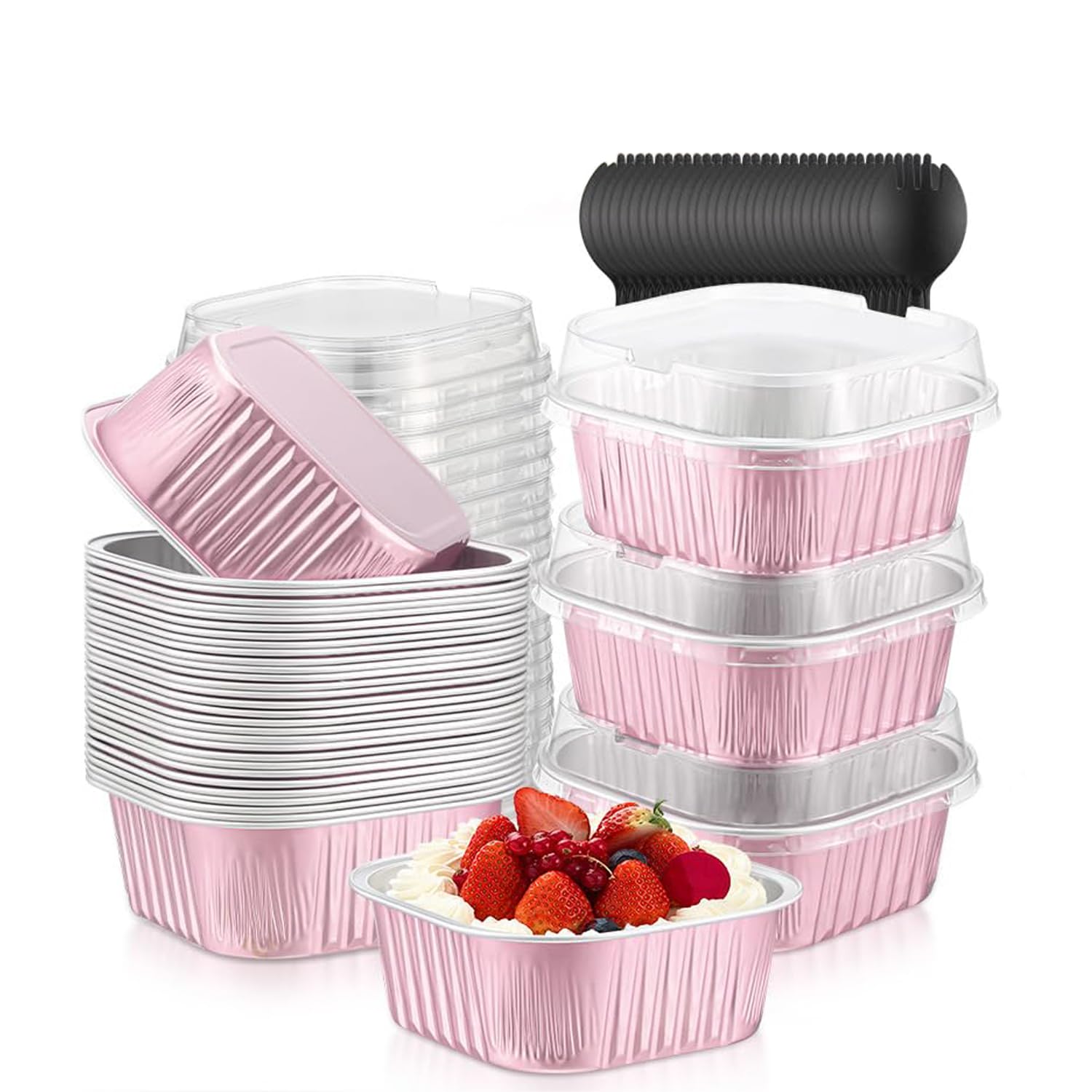 50 Pack 180ml Mini Loaf Pans with Lids and Spoons, Square Cupcake Liners Brownie Baking Cups, Aluminum Foil Baking Pans for Cake, Bread, Holiday Goods Packaging(Pink)