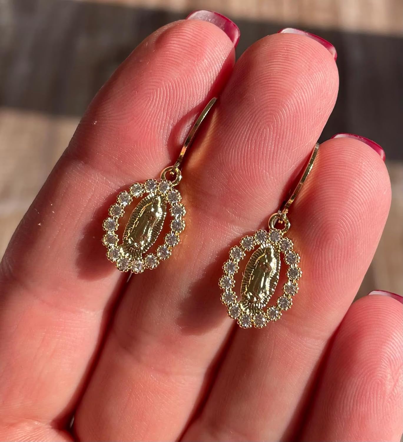 Our Lady of Guadalupe Earrings – Gold Virgin Mary Crystal Medal Dangle Earrings – Virgen de Guadalupe Religious Jewelry – Small Delicate Catholic Earrings Gift for Women & Teens