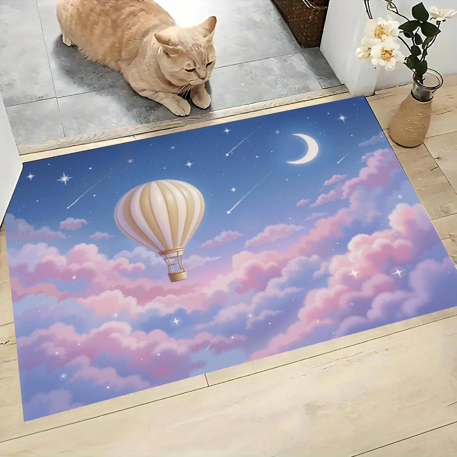 Felpudo Entrada Casa, 80x120cm Alfombra de Puerta Lindo Globo Aerostático Tapetes de Interior Cielo De Dibujos Animados Antideslizante para Decorativo Dormitorios y Zonas Entrada Cuartos, Azul