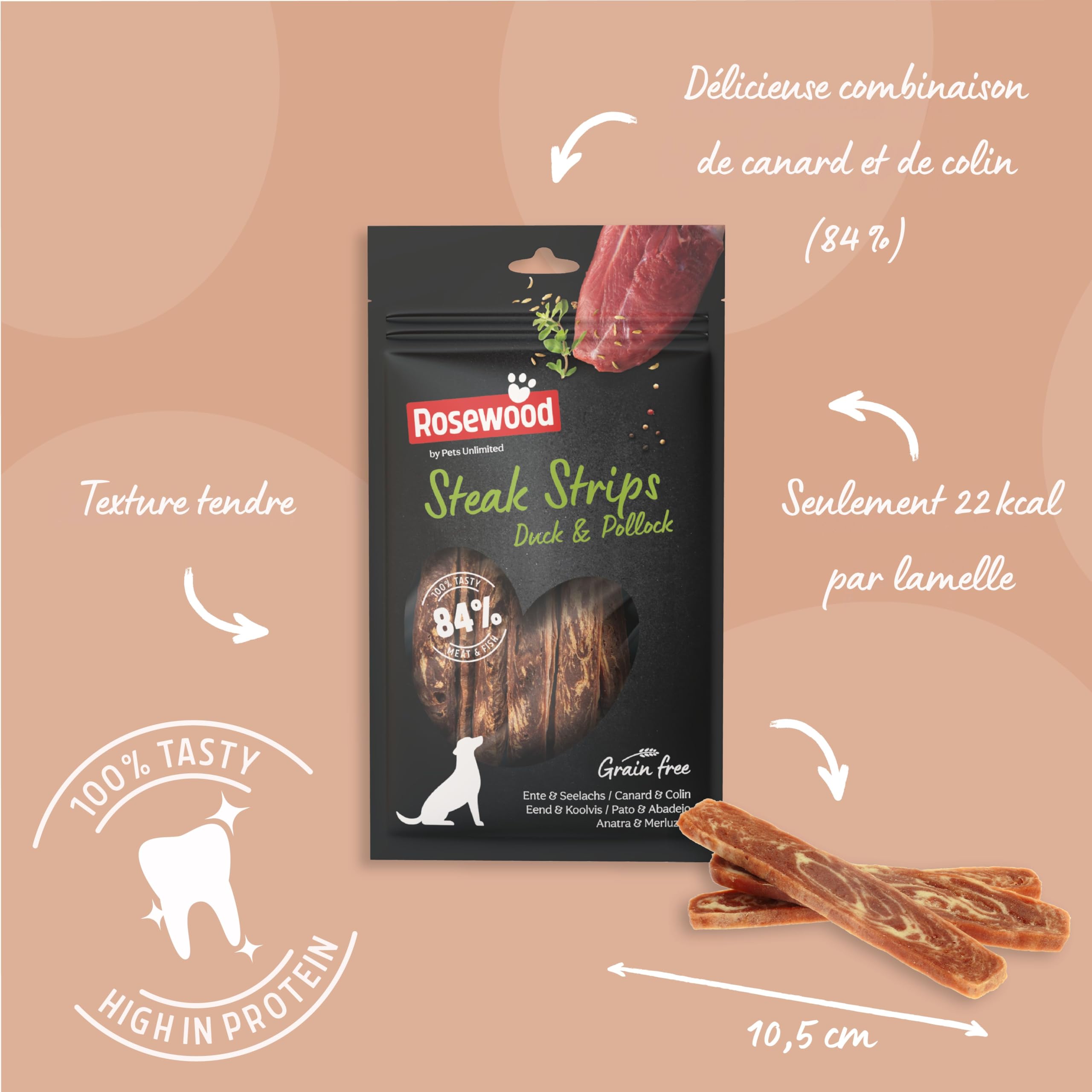 Rosewood Steak Strips Canard et Colin – Friandise Tendre pour Chien, Riche en Viande et Poisson, Faible en Graisses, sans céréales, sans additifs artificiels, 100 g
