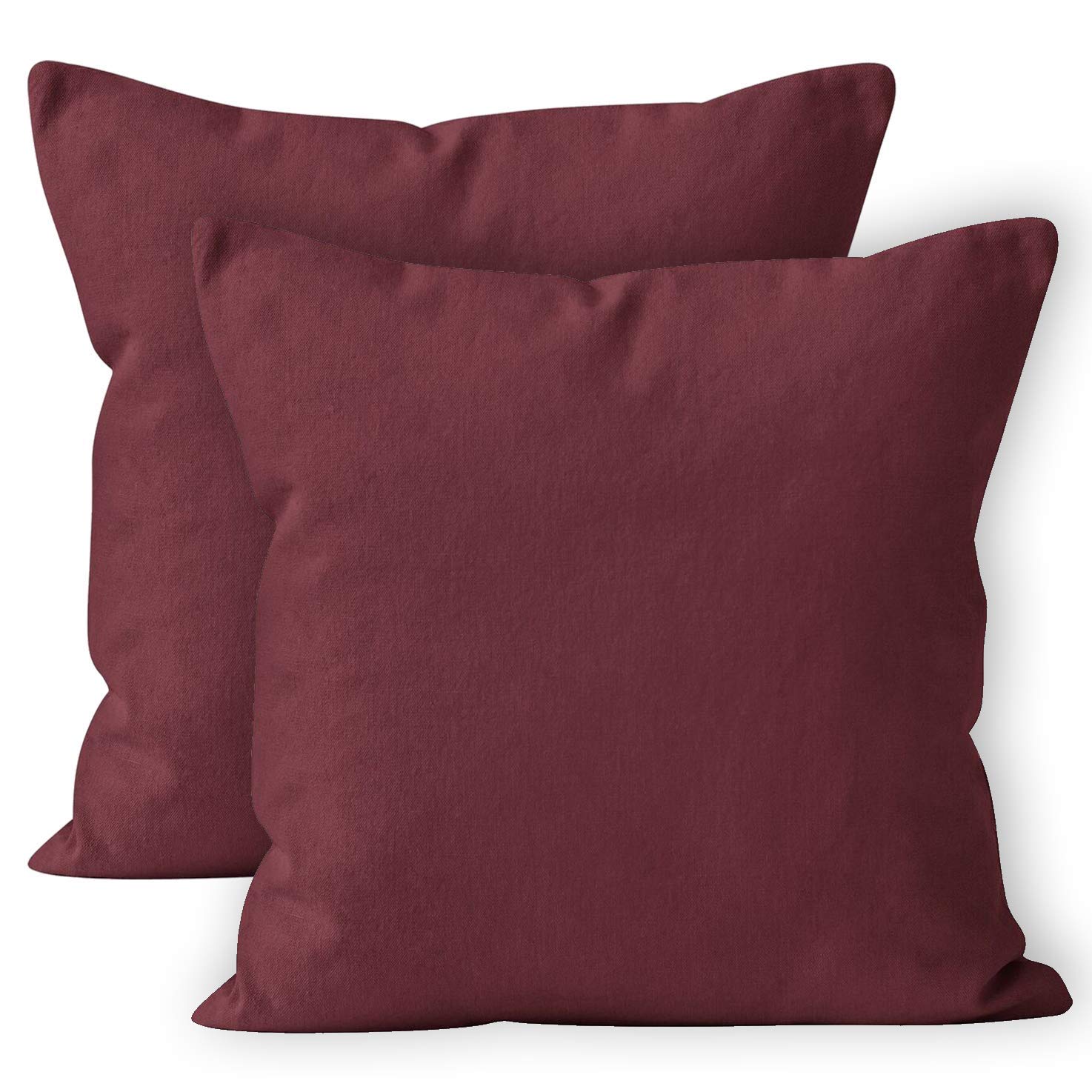 Encasa Homes Throw Pillow Cover 2pc Set - Rich Maroon - 24 x 24 inch Solid Dyed Cotton Canvas Square Accent Decorative Cushion Case for Couch Sofa Chair Bed & Home, Only Covers