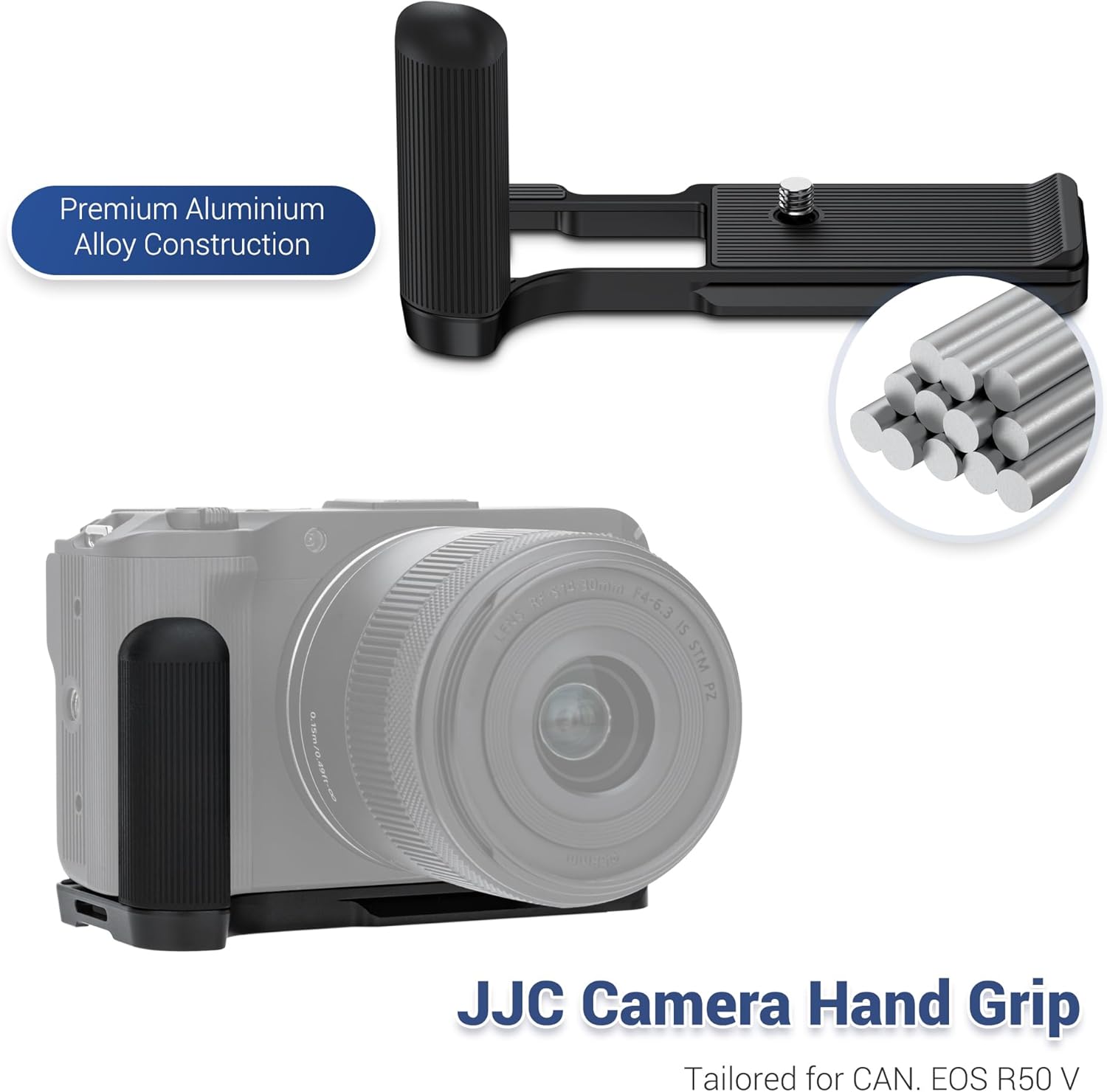 JJC Metal Hand Grip L Bracket for Canon EOS R50 V Camera(Not for R50), R50V Handgrip with Cold Shoe Mount, Silicone Handle, Anti-Slip Pad, Arca Swiss Quick Release Plate & 1/4"-20 Tripod Hole, Black