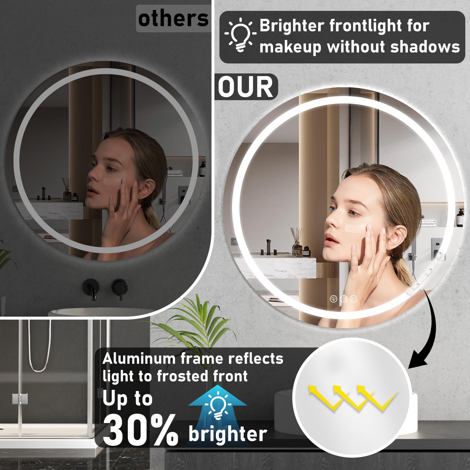 Ratsamee Bluetooth Espejo Baño con Luz Redondo 70cm, Espejos de Baño con LED con Antivaho, Regulable, 3 Colores Luz, Función Memoria