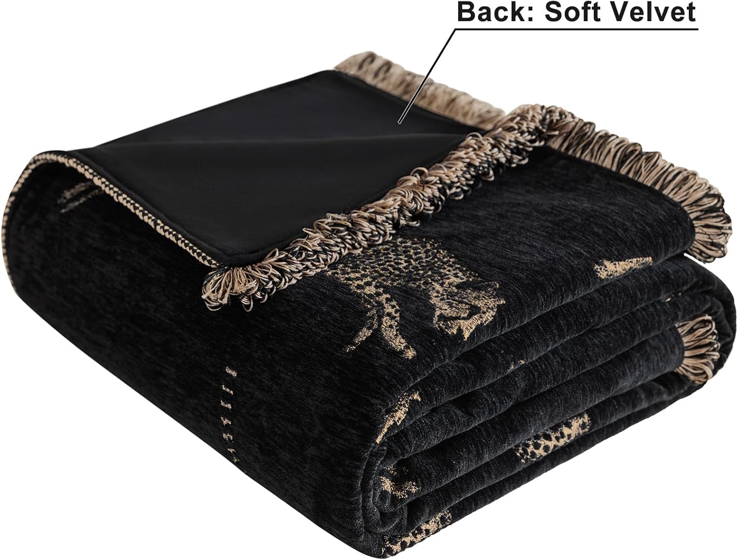 Luxury Leopard Throw Blanket for Couch, Wild Animal Pattern Chenille Jacquard Weighted Blanket with Fringe, Vintage Home Decor Soft Fall Throw Blanket for Bed Sofa(52”x72”, Black)