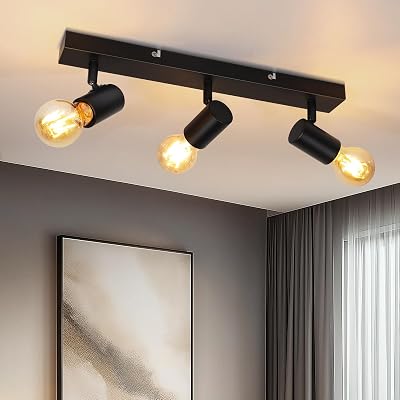 Faretti da Soffitto LED Orientabili Nero con 3 Attacchi E27 – Plafoniera Industriale 3 Luci per Cucina/Soggiorno/Camera – Lampada Soffitto Moderna in Metallo (Lampadine Non Incluse)