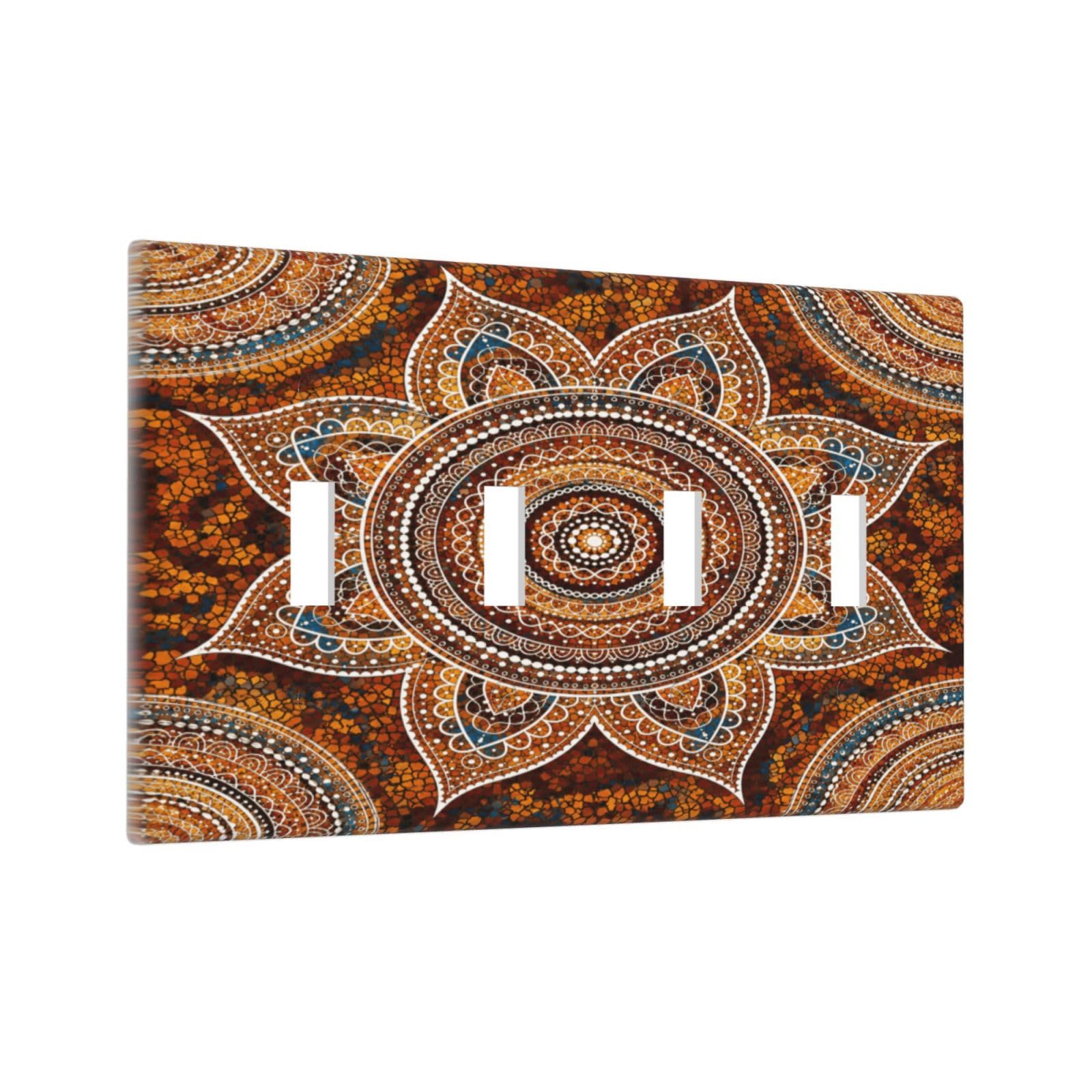 Xuejiaku Decorative Light Switch Cover Plate Boho Orange Brown Teal Ethnic Mandala 4 Gang Wall Plates Quad Toggle Electrical Switch Plate Covers Outlet Covers Faceplate for Bedroom Home Decor