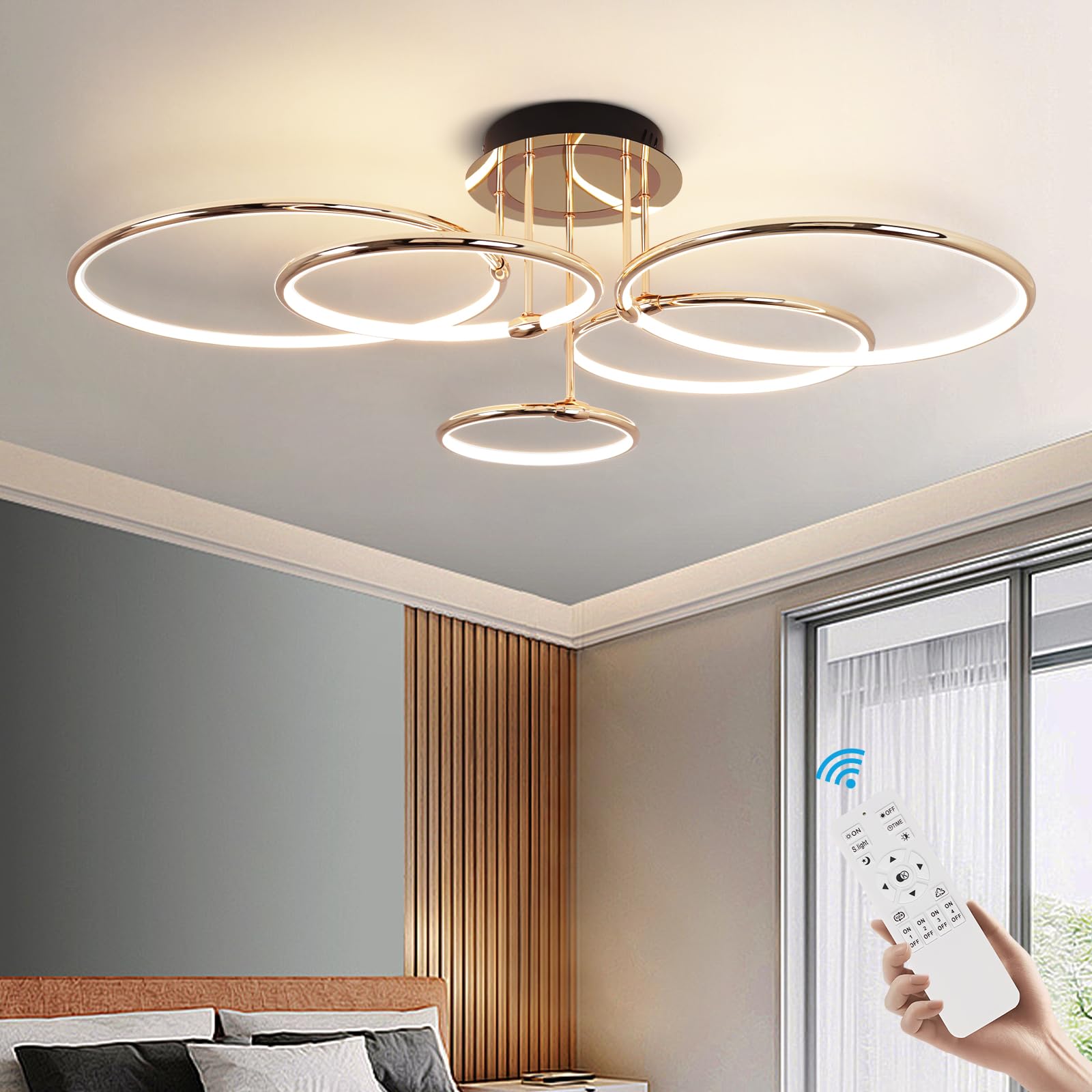 LED Deckenleuchte Modern Design Deckenlampen Gold 5-Ring Lampen Dimmbar Wohnzimmerlampe mit Fernbedienung, Aluminium Led Beleuchtung für Wohnzimmer Schlafzimmer Küche Esszimmer Büro 93cm, 108W…