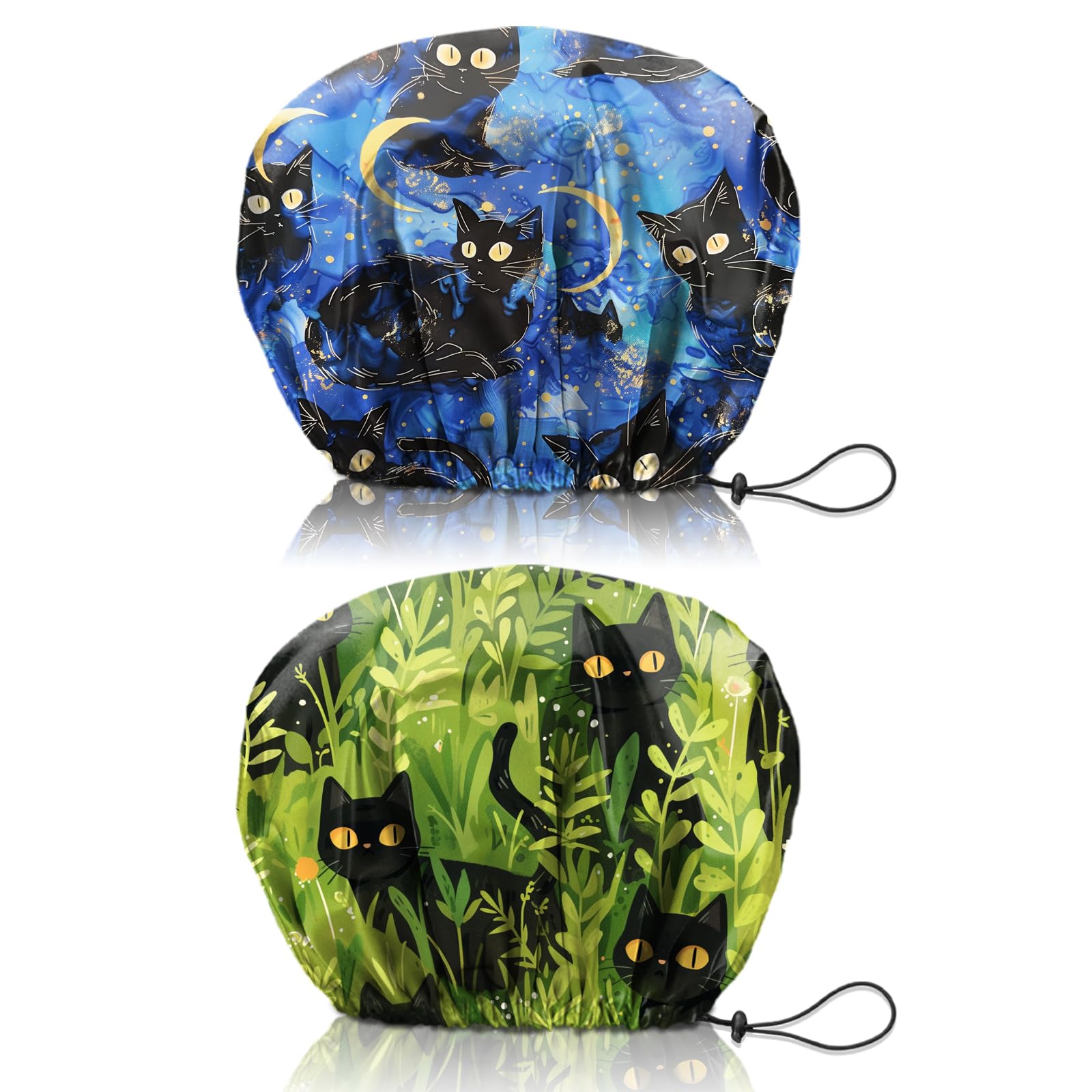 Cabreche 2 PCS Shower Cap Reusable Waterproof Double Layers Hair Caps Shower Bath Adjustable Elastic Hat for Women Girls Cute Aesthetic-Black Cat