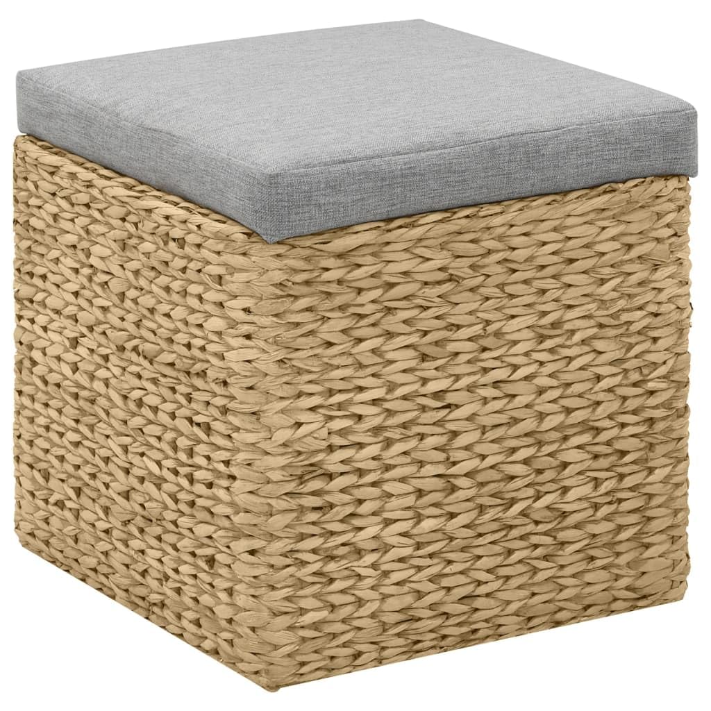 Lot de 2 Repose-Pieds en Jacinthe d'eau avec Rangement, Poufs Coffres avec Coussins Gris, Style Rustique Naturel pour Salon et Chambre, Dimensions 43x43x44cm et 34x34x34cm