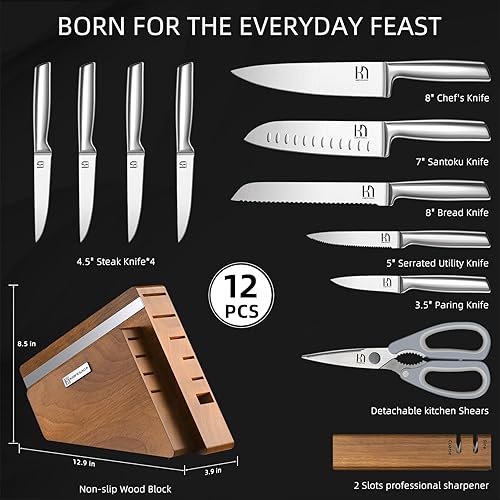 Miniatura 2 de Juego de cuchillos de cocina con afilador, 12 cuchillos japoneses de acero inoxidable de alto carbono, juego de cuchillos afilados de alta calidad