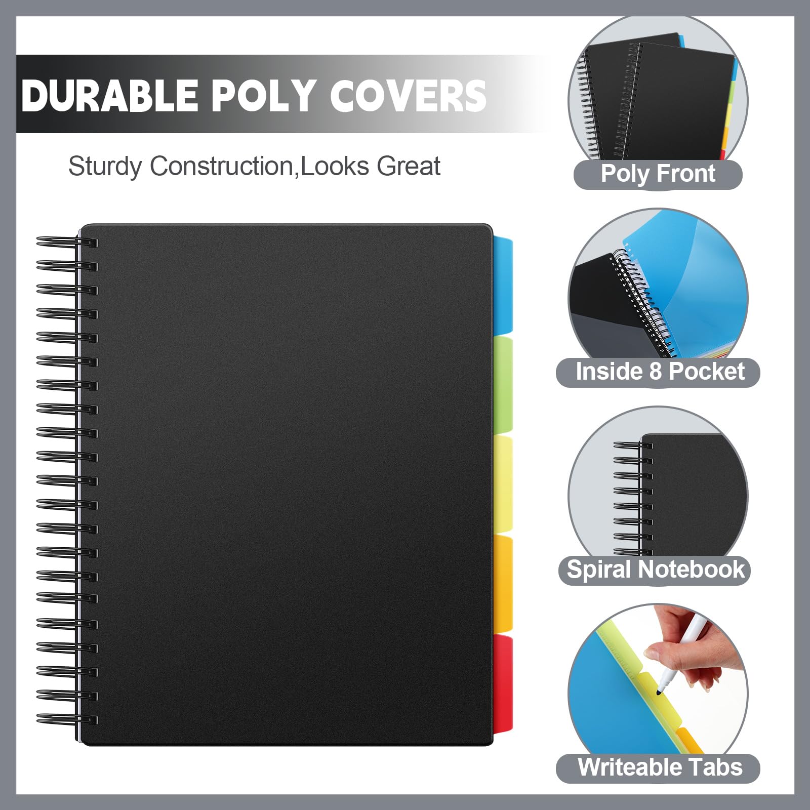 Yeaqee Lot de 4 cahiers à spirales lignés pour 5 sujets - 400 pages (200 feuilles) - 5 sujets - 21,6 x 27,9 cm - Double couverture en polyéthylène - Carnet de notes multi-sujets pour fournitures