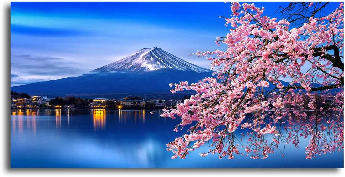 Aibonnly Wall Art Canvas Painting Cherry Blossoms Mount Fuji 1 Piece Mount Fuji and the Sakura Blossoming Lake Picture Poster Print Framed and Stretched Ready to Hang for Living Room Bedroom 58"L x 29"W Pink
