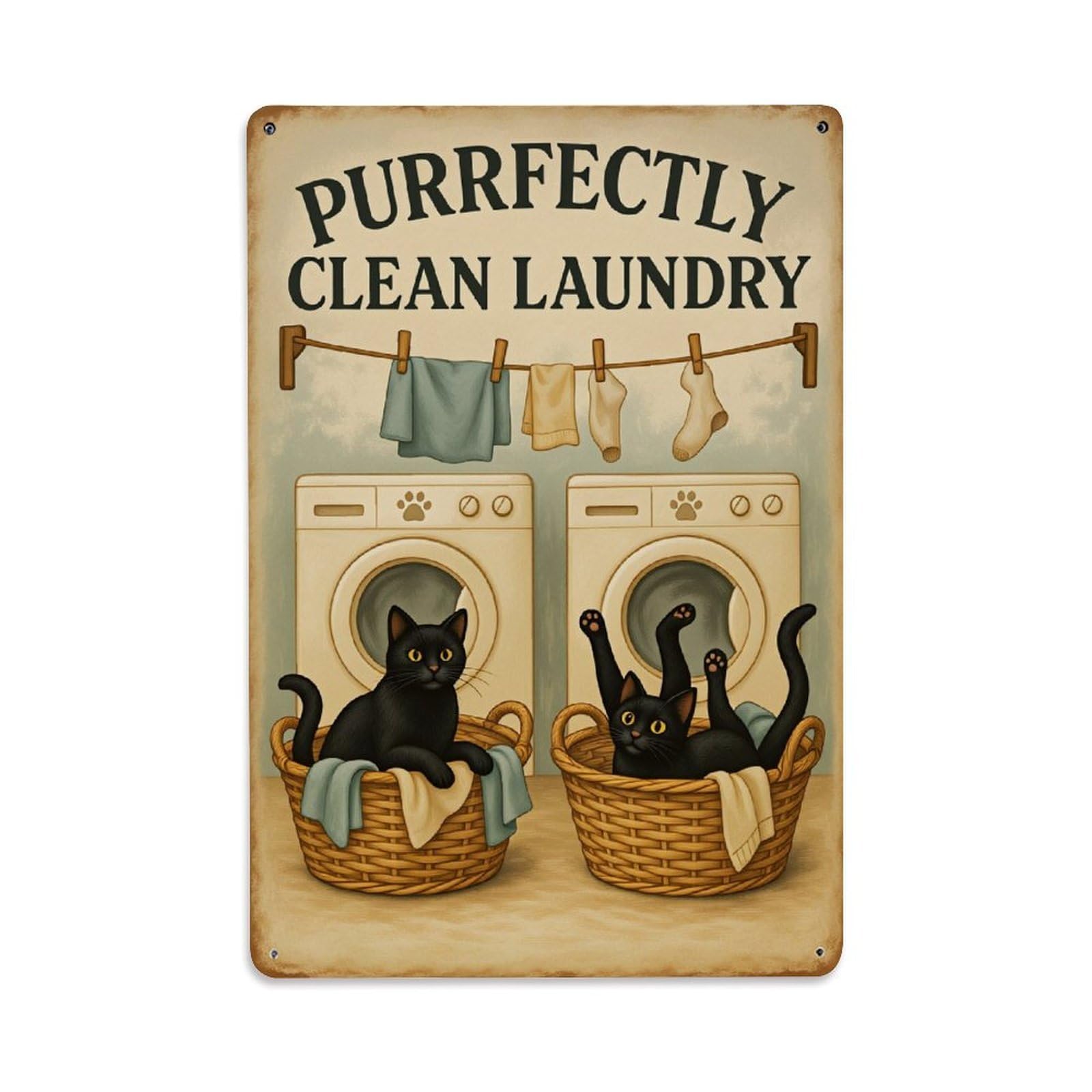 Enderetf Vintage Purrfectly Clean Laundry Cats Tin Sign Metal Poster, Home Bar Garage Man Cave Cafe Indoor & Outdoor Wall Decoration 8X12inches