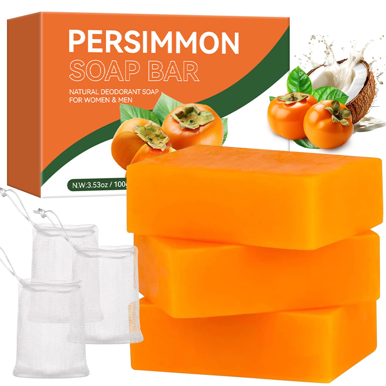 3 PCS Persimmon Soap Bar for Old People Smell, Body Odor Control Bar Soap for Women & Men, Purifying Deodorizing Face Body Wash Soap with Persimmon & Green Tea Extract, Eliminating Strong Smell Odor