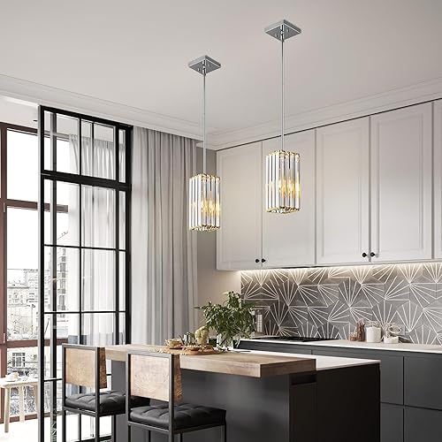 Miniatura 4 de Lámpara colgante moderna cromada rectangular de iluminación colgante mini candelabros de cristal, lámpara colgante ajustable para cocina, isla,