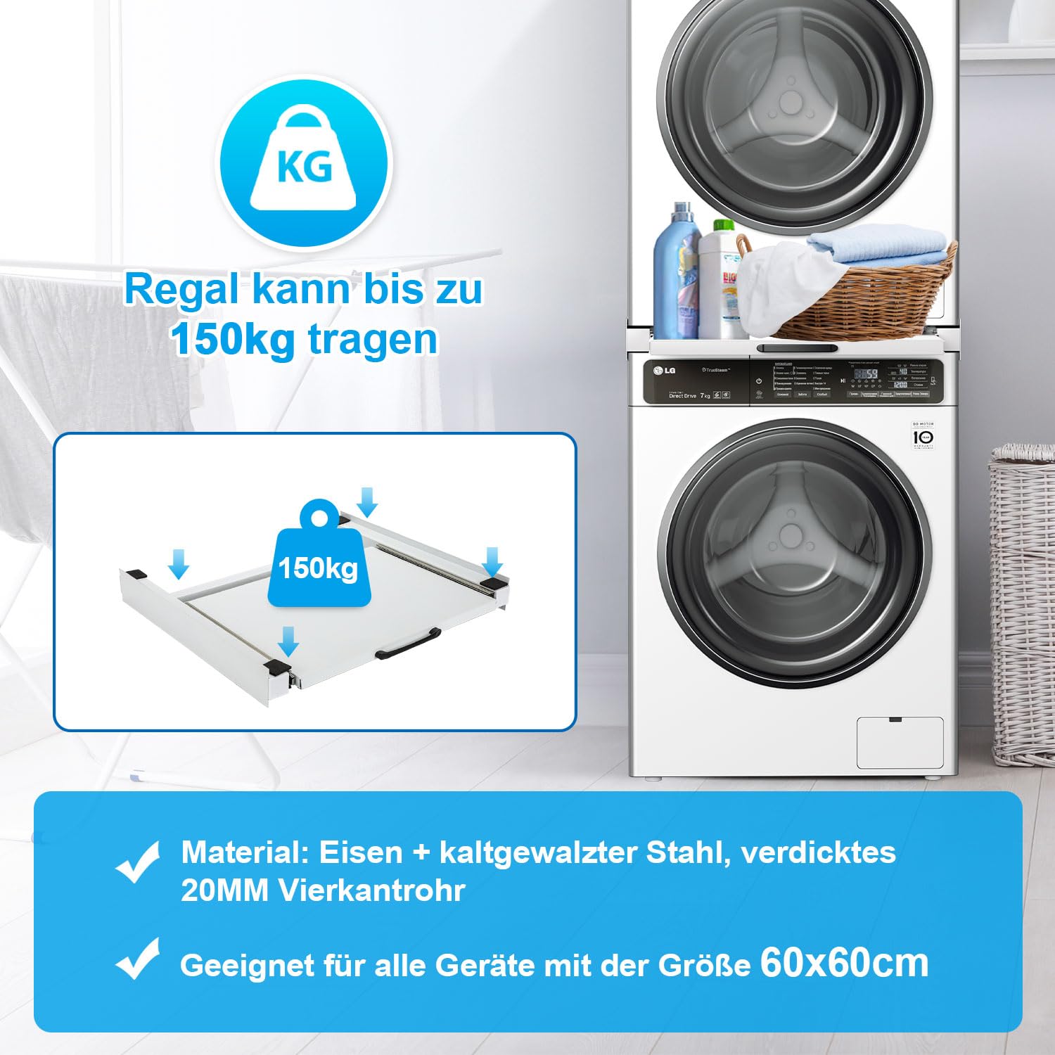 Verbindungsrahmen für Waschmaschine/Trockner,Zwischenbaurahmen mit Ausziehplatte aus Stahl, Zwischenbaurahmen Waschmaschine Trockner,für alle Marken Waschmaschine 60x60cm,bis 150kg,Weiß