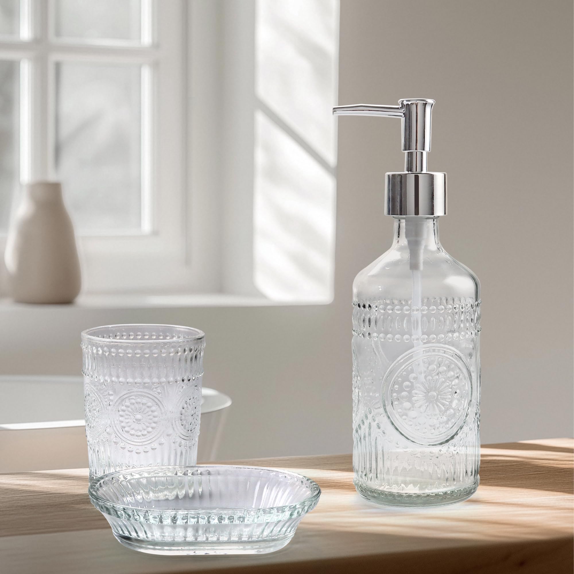 FEILANDUO Set di 3 accessori da bagno in vetro, dispenser per lozione e sapone, portaspazzolino da denti, portasapone, decorazione moderna per bancone del bagno per la casa